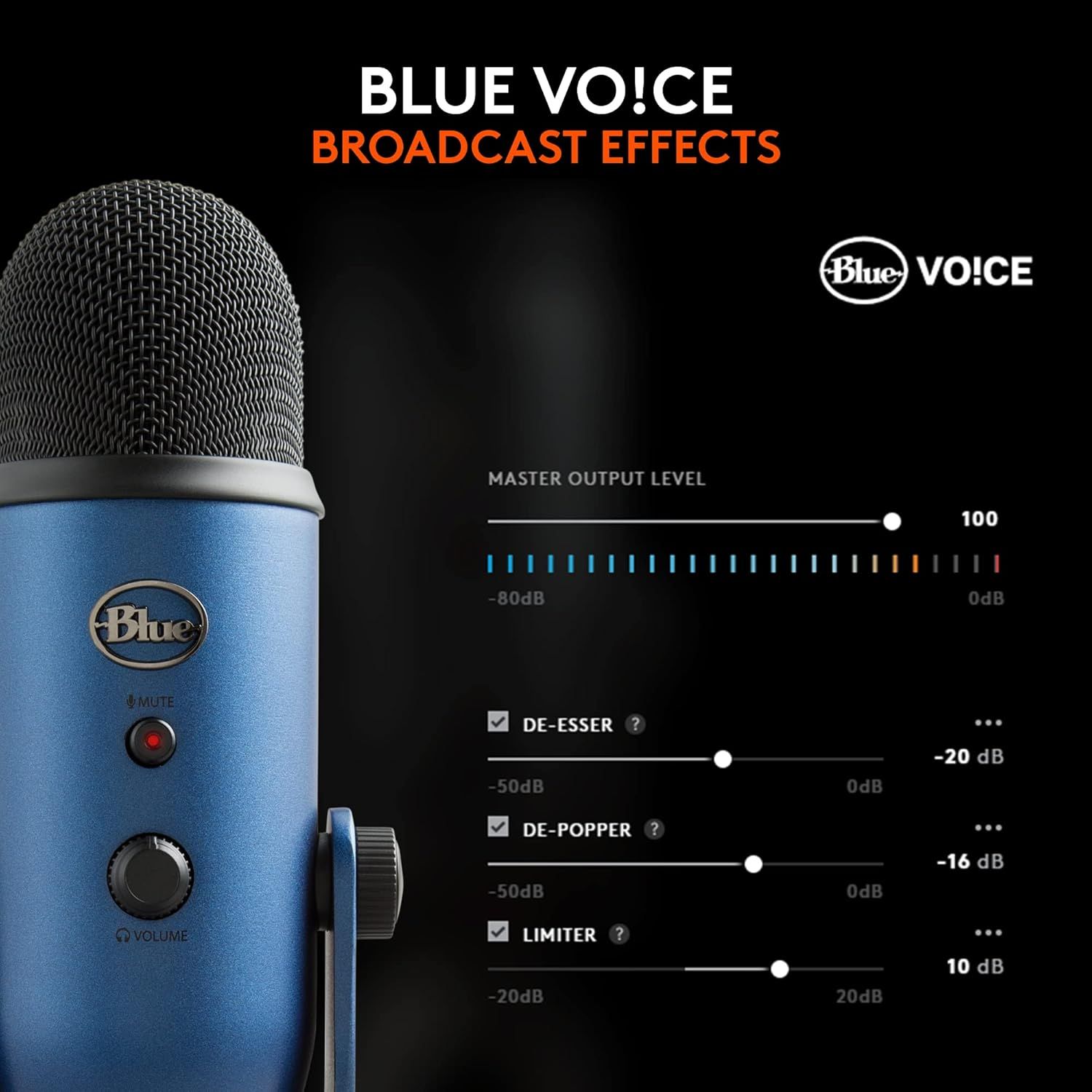 Demonstrates the product's broadcast effects software capabilities, showing the professional audio controls (de-esser, de-popper, limiter) available to users for enhanced recording quality.