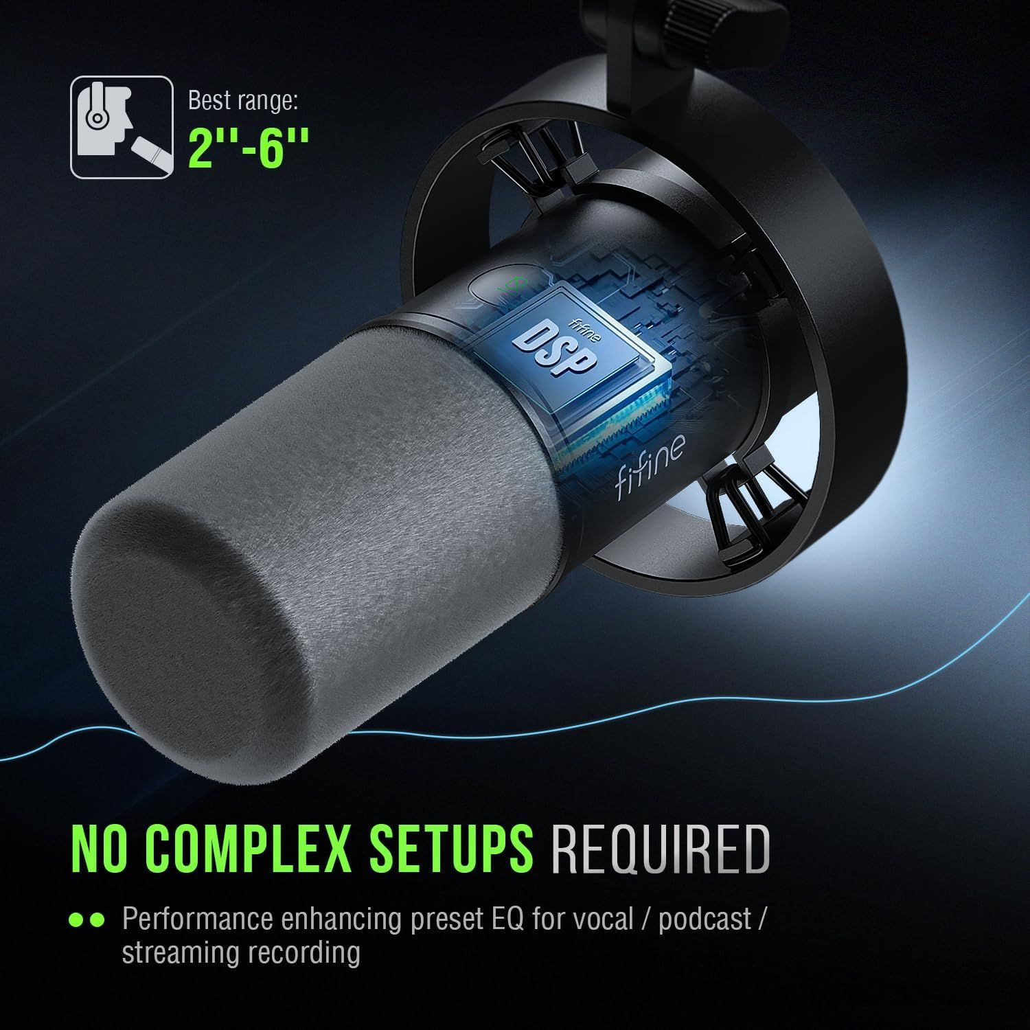 Communicates that the microphone requires no complex setup and includes performance-enhancing preset EQ for vocal, podcast, and streaming recording, emphasizing ease of use and convenience.