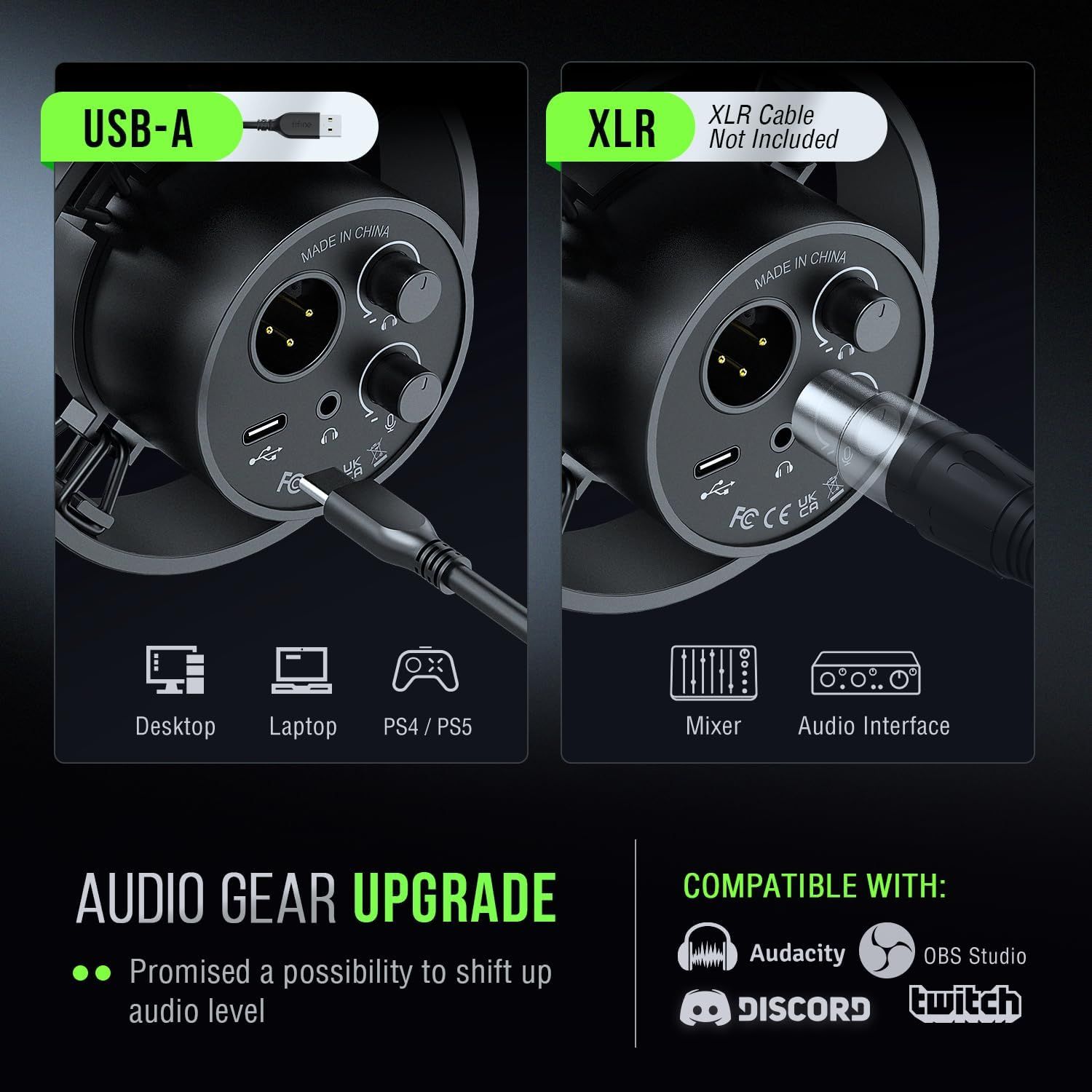 Demonstrates the product's versatility by showing two different connection types (USB-A for desktop/laptop/gaming and XLR for professional audio equipment) and compatibility with multiple platforms…
