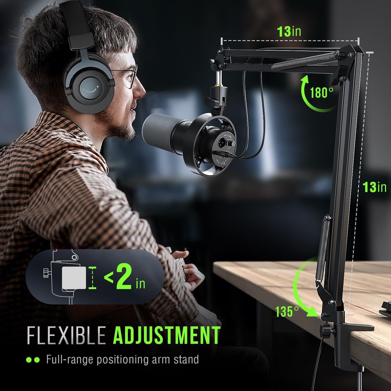 Communicates the physical dimensions and adjustment range of the microphone arm stand to help shoppers understand its reach, flexibility, and desk compatibility. Highlights the full-range…