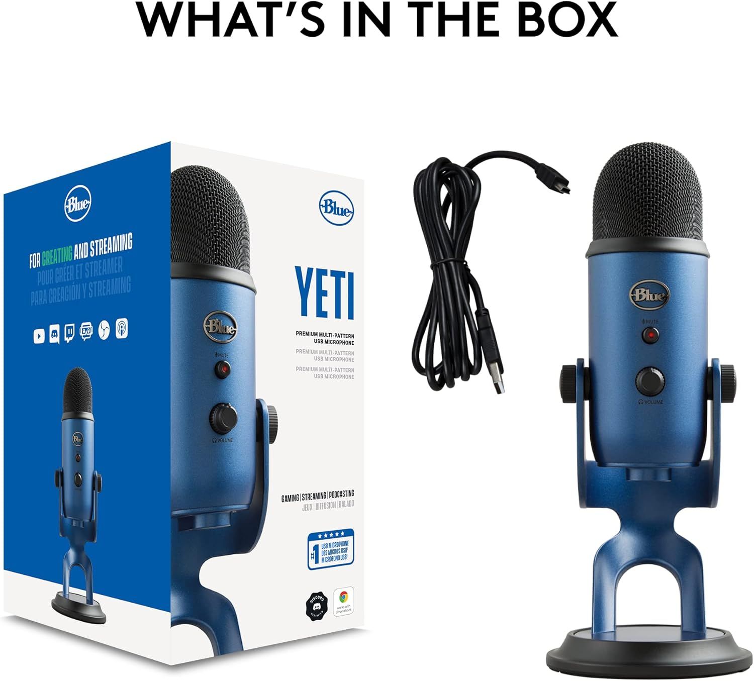 Shows the customer everything included in the box: the Blue Yeti microphone, USB cable, and documentation, reassuring them of the complete package they will receive.