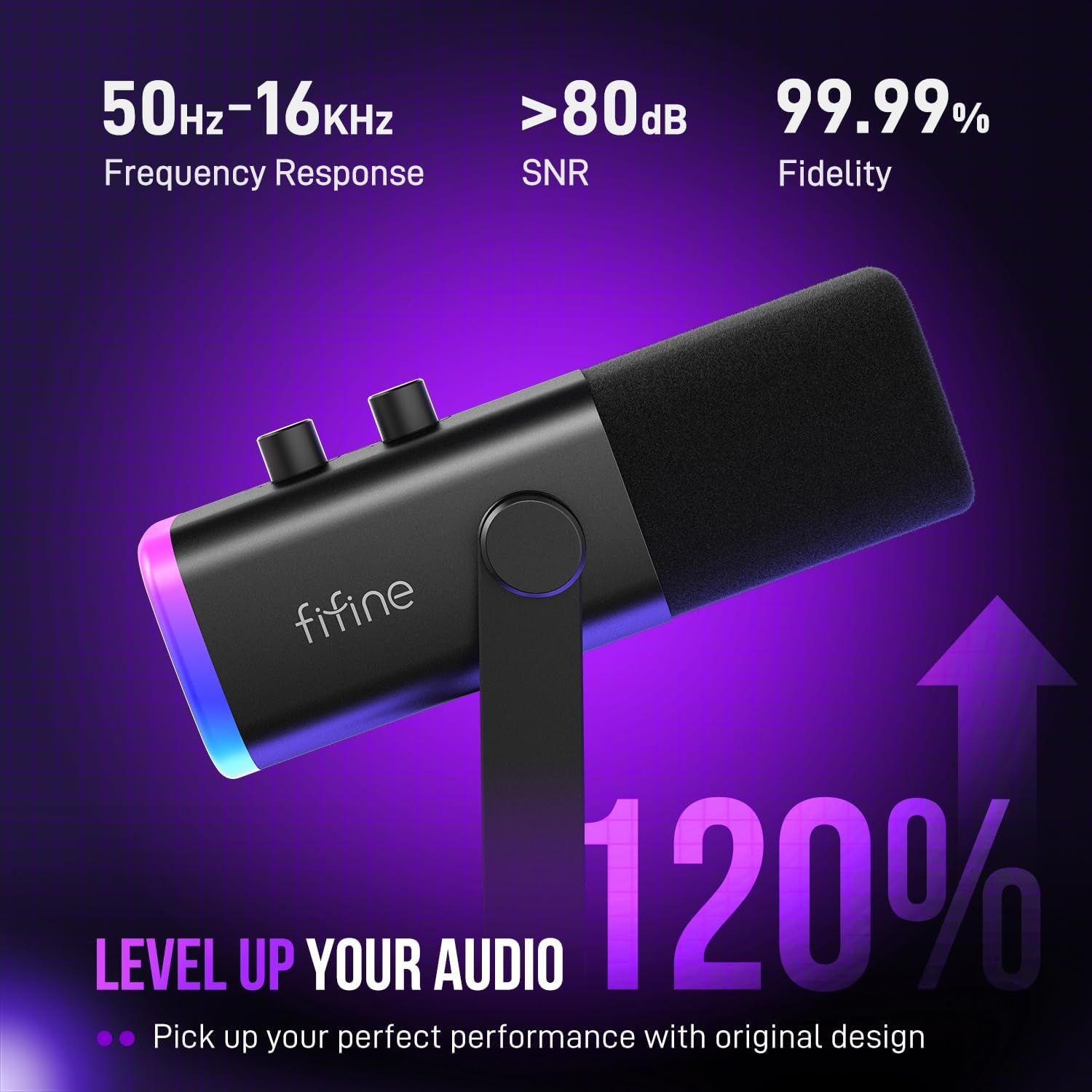 Communicates multiple technical audio performance specifications to demonstrate the microphone's professional-grade quality and superior sound capture capabilities.
