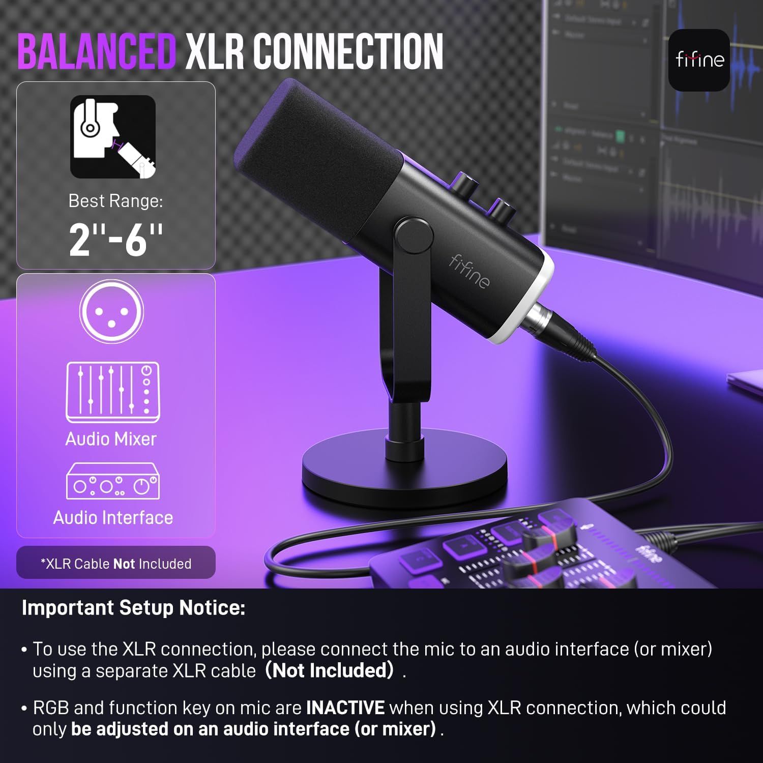 Communicates the professional XLR connectivity feature of the microphone, highlighting its optimal recording distance, compatibility with audio mixers and interfaces, and important setup…