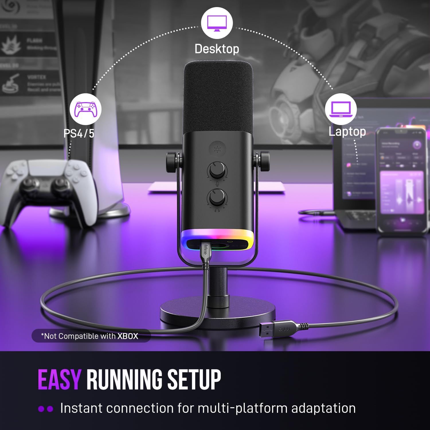 Demonstrates the microphone's versatility by showing it works across multiple devices and platforms (desktop, laptop, and gaming consoles), reassuring shoppers of broad compatibility and ease of…
