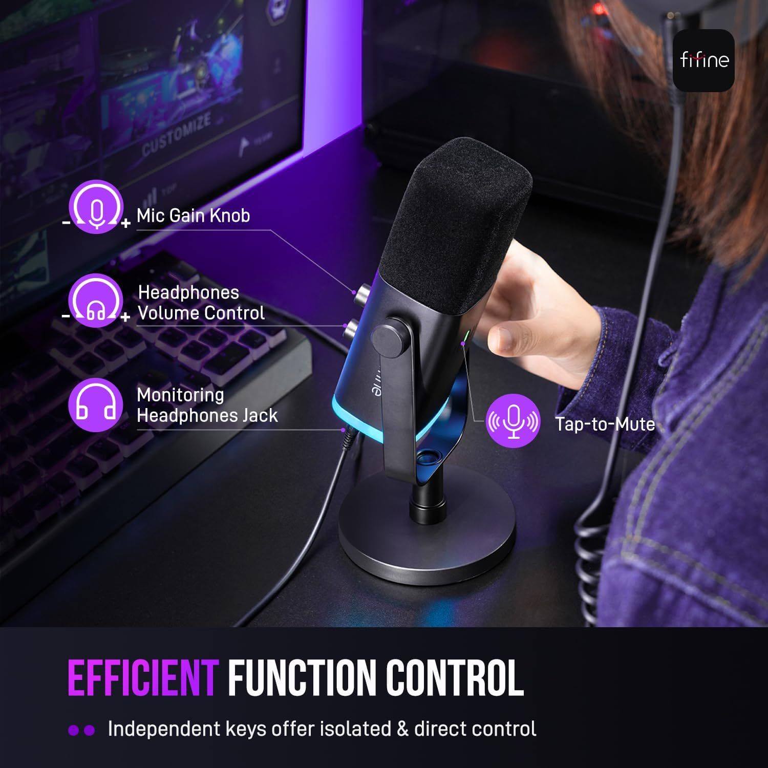 This image breaks down the microphone's physical controls and features, showing users where each function is located and what it does to help them understand how to operate the device efficiently.