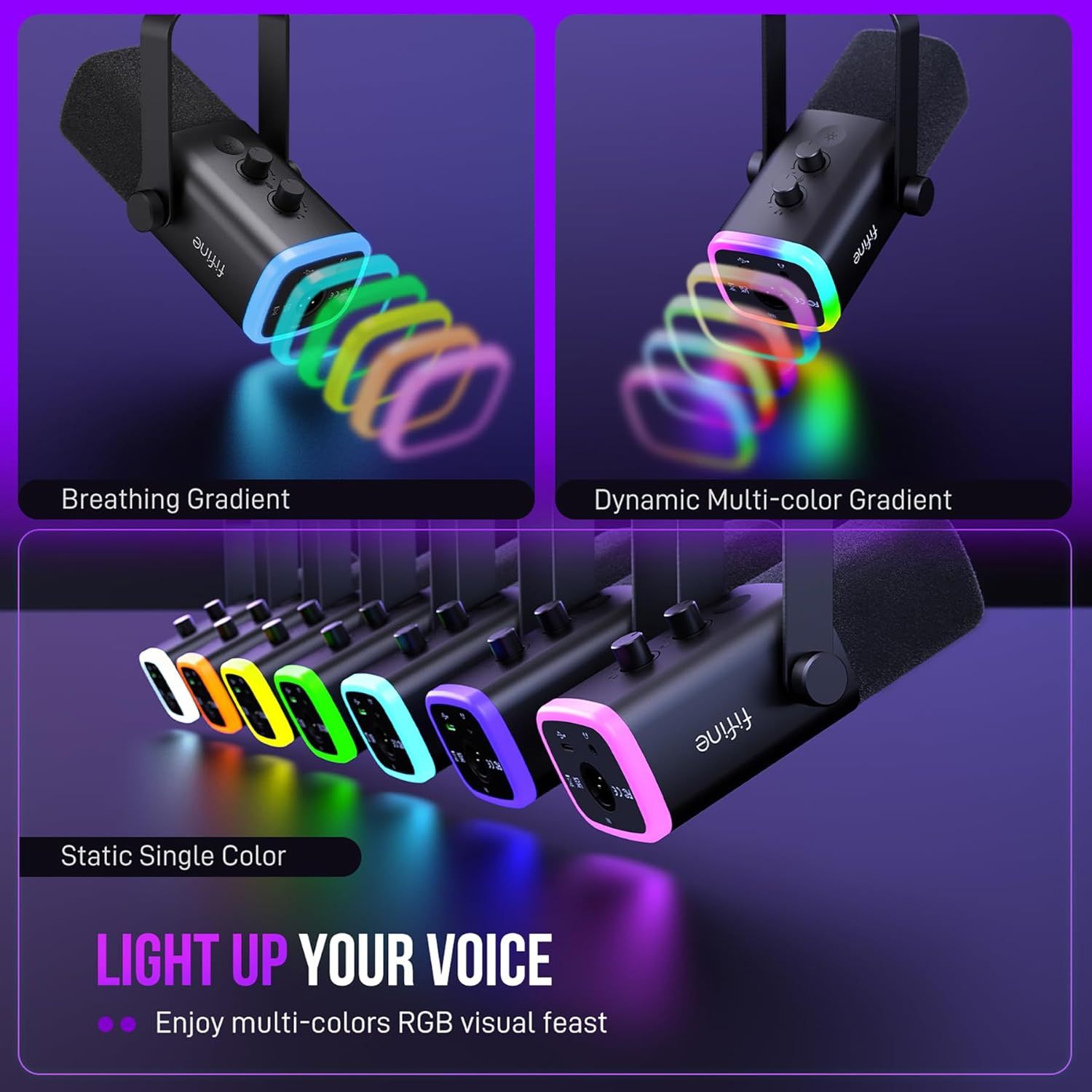 Showcases the microphone's multiple RGB lighting customization options to appeal to streamers and content creators who want visual personalization and aesthetic appeal.