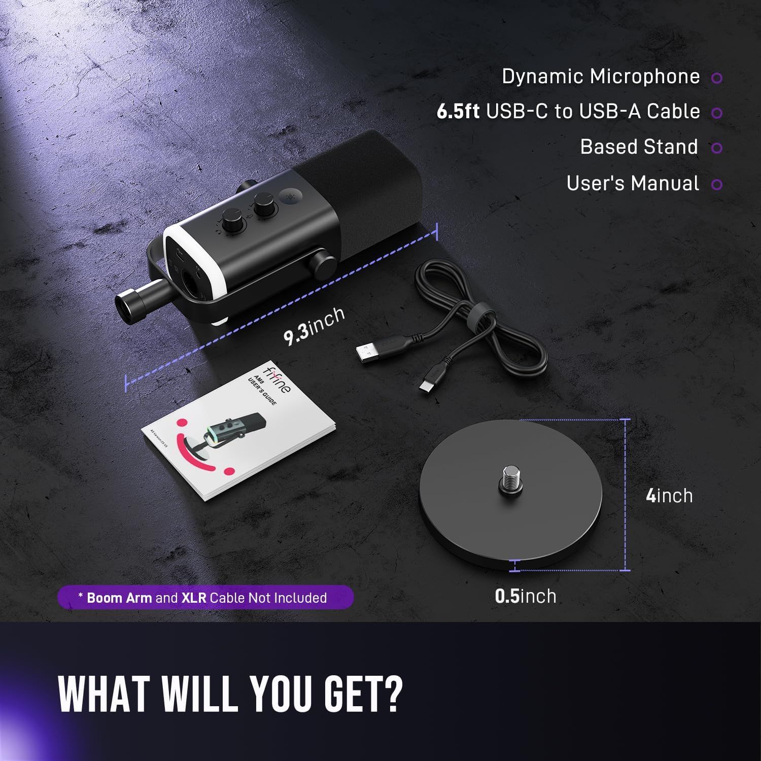 Shows all items included in the package to set clear expectations for the customer and demonstrate the completeness of the bundle. Provides exact measurements of the microphone and base stand to…