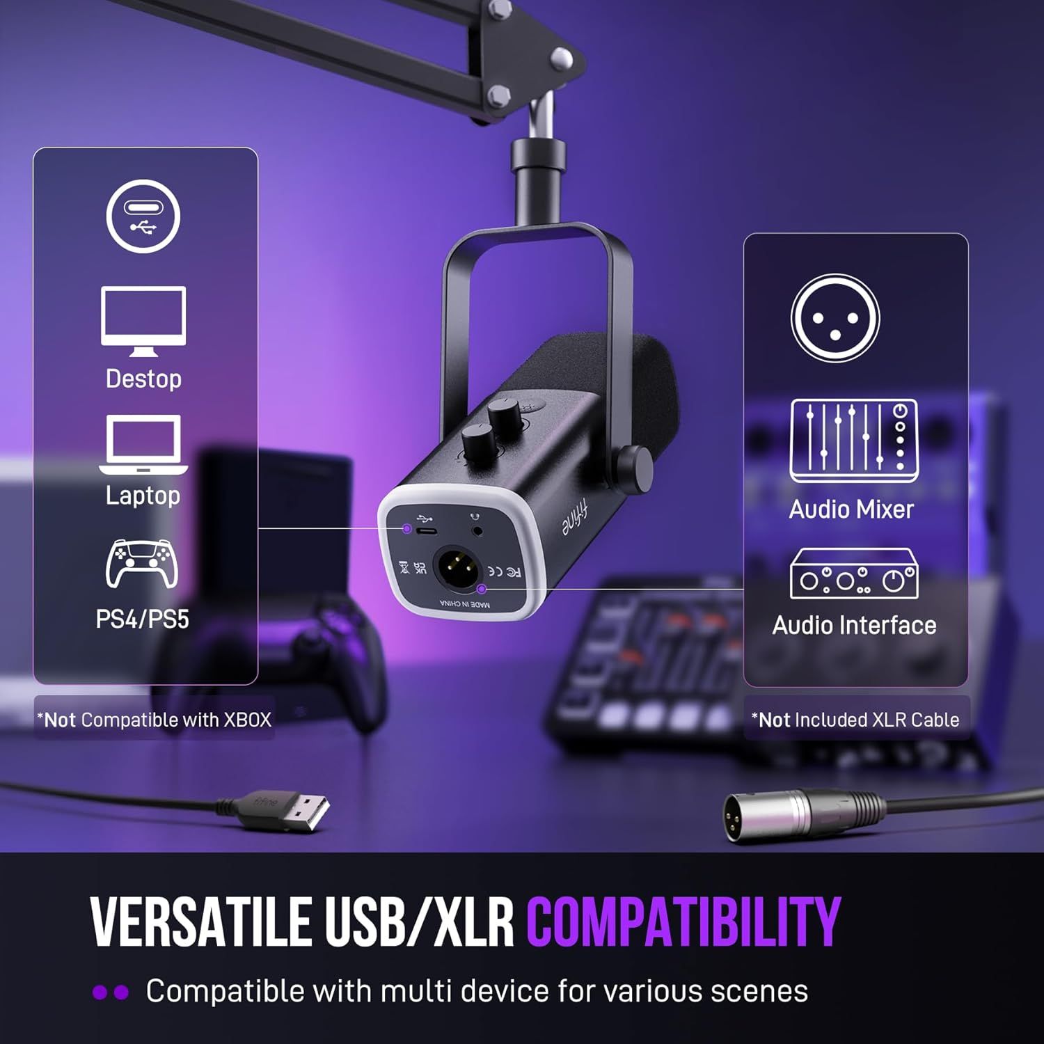 Demonstrates the microphone's versatility by showing compatibility with multiple devices and use cases including desktop, laptop, PS4/PS5, audio mixers, and audio interfaces.