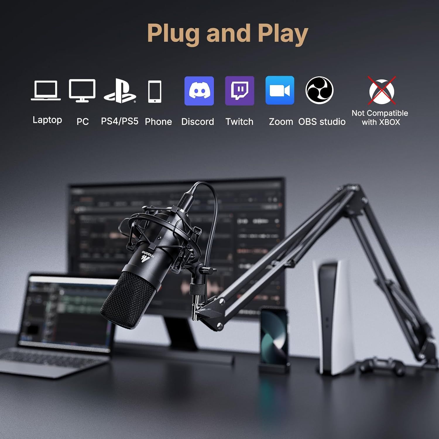 Demonstrates the microphone's versatility by showing it works across multiple devices and platforms (laptop, PC, PS4/PS5, phone, Discord, Twitch, Zoom, OBS studio) while clarifying it's not…