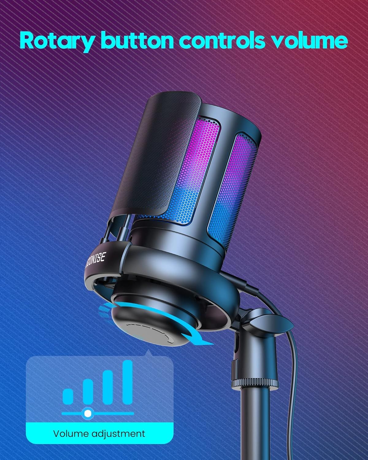 Highlights the convenient rotary button control feature that allows users to easily adjust volume, emphasizing ease of use and intuitive control.
