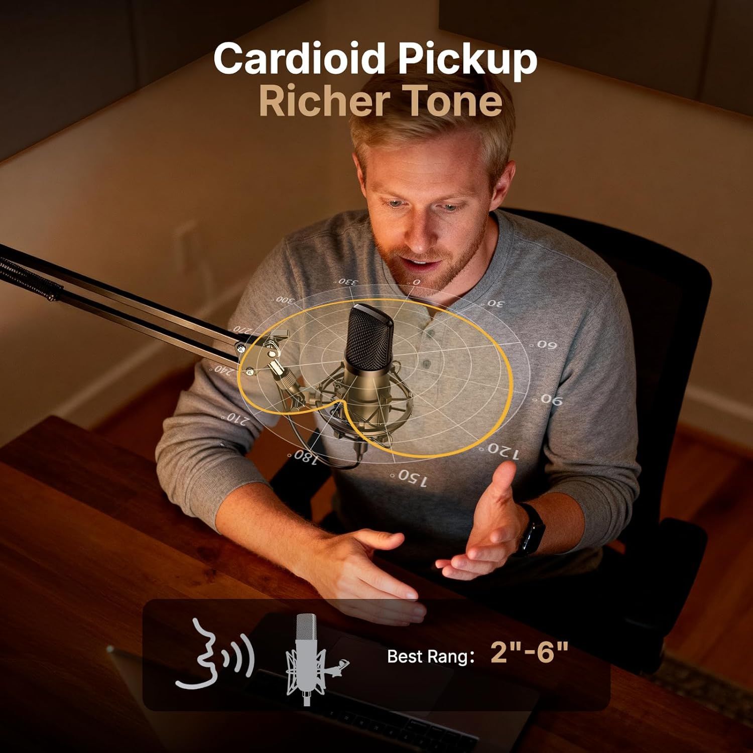 Explains the microphone's cardioid pickup pattern and optimal recording distance (2-6 inches) to help shoppers understand how the microphone captures sound and how to position themselves for best…