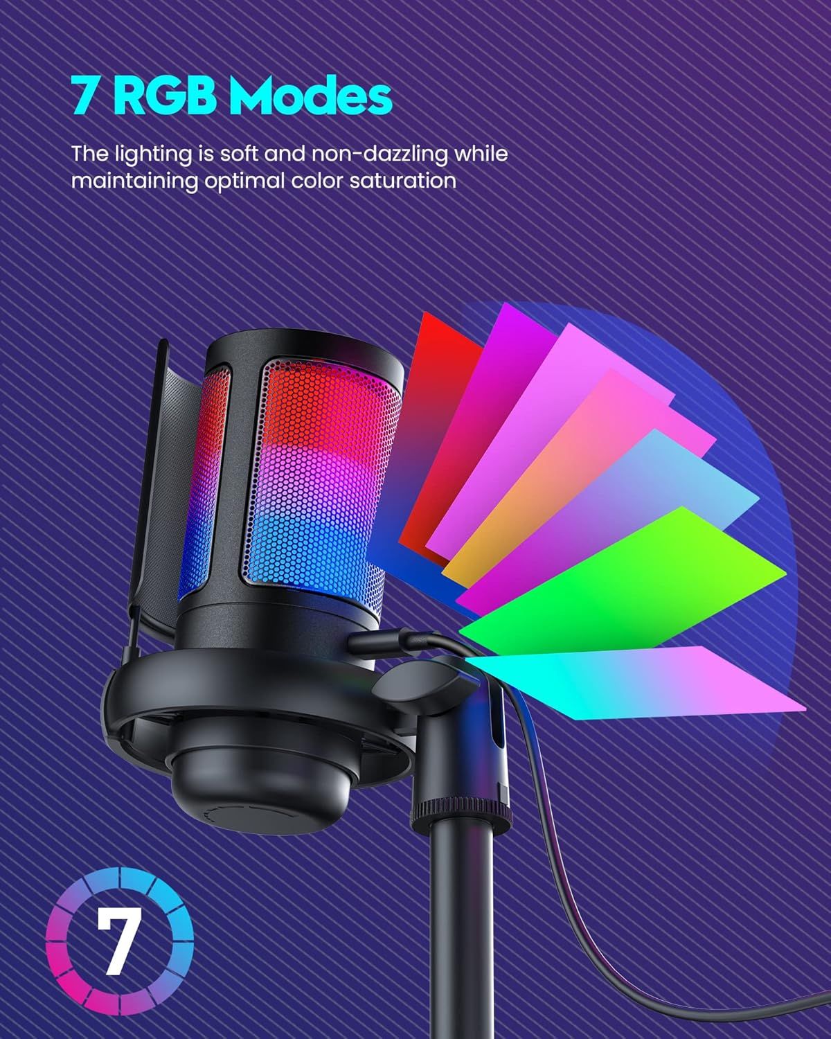 Highlights the product's customizable RGB lighting feature with 7 color modes, emphasizing the soft, non-dazzling quality and optimal color saturation to appeal to gamers and streamers.