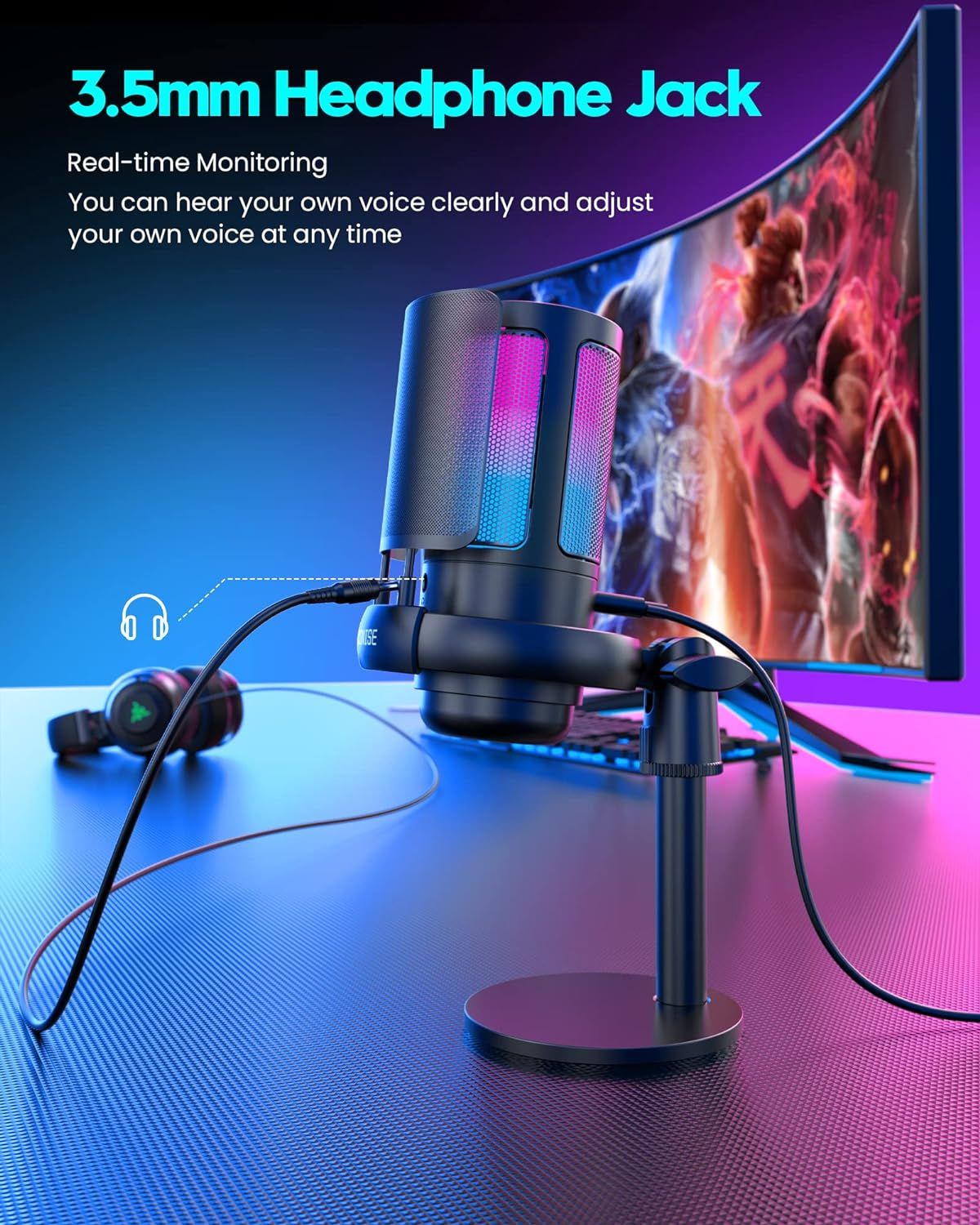 Highlights the microphone's 3.5mm headphone jack feature that enables real-time voice monitoring, reassuring streamers and content creators they can hear and adjust their voice clearly during…
