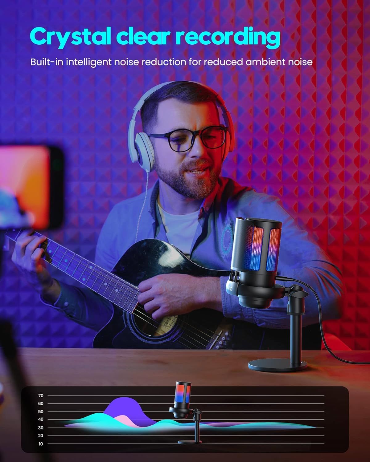 Communicates the microphone's crystal clear recording capability with built-in intelligent noise reduction technology, reassuring shoppers of superior audio quality for content creation.