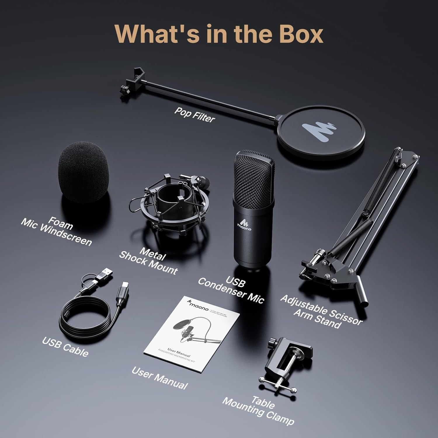 Shows all the components included in the purchase to help shoppers understand the complete value of the bundle, including the USB condenser mic, pop filter, shock mount, scissor arm stand,…