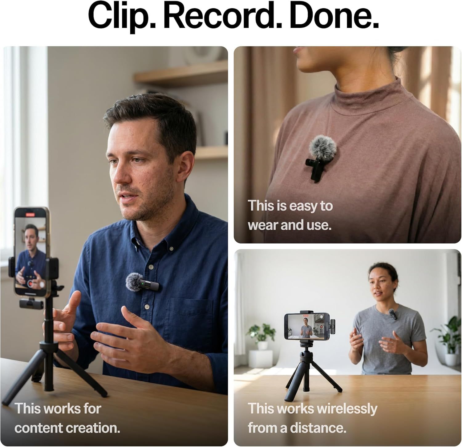 Demonstrates multiple use cases for the microphone product, showing it works for video recording, is easy to wear, and functions wirelessly from a distance to reassure shoppers of its versatility.…