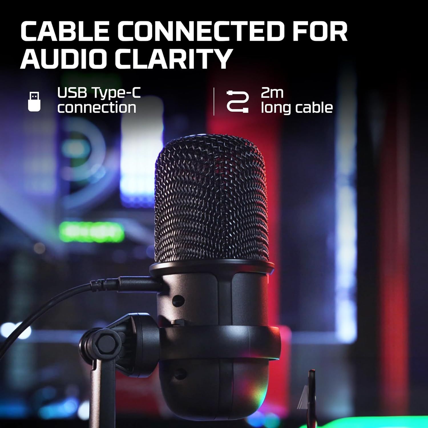 Highlights two distinct technical features of the microphone—the USB Type-C connectivity for audio clarity and the 2-meter cable length—to communicate convenience and quality to potential buyers.