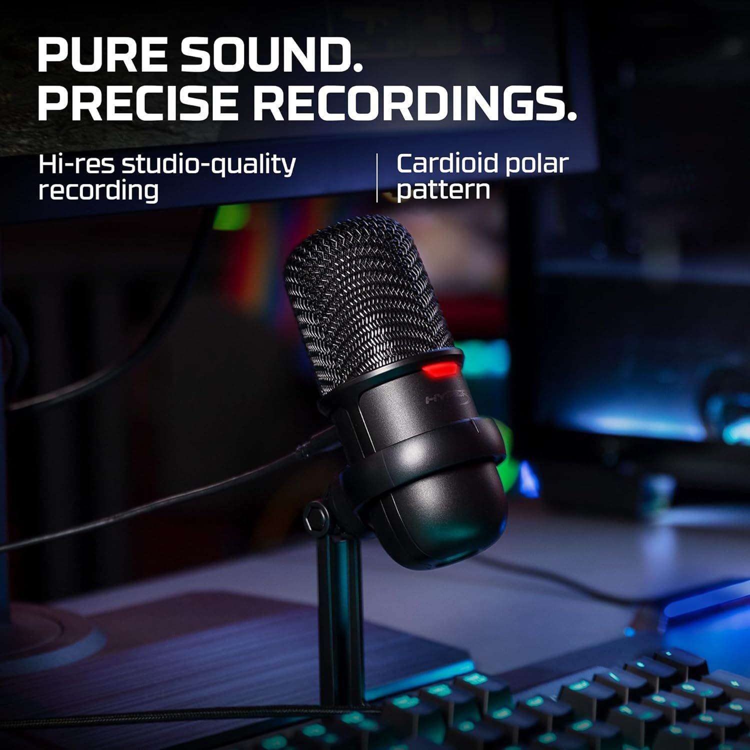 Highlights two distinct technical features of the microphone—high-resolution recording quality and cardioid polar pattern—to communicate professional-grade audio performance to shoppers.