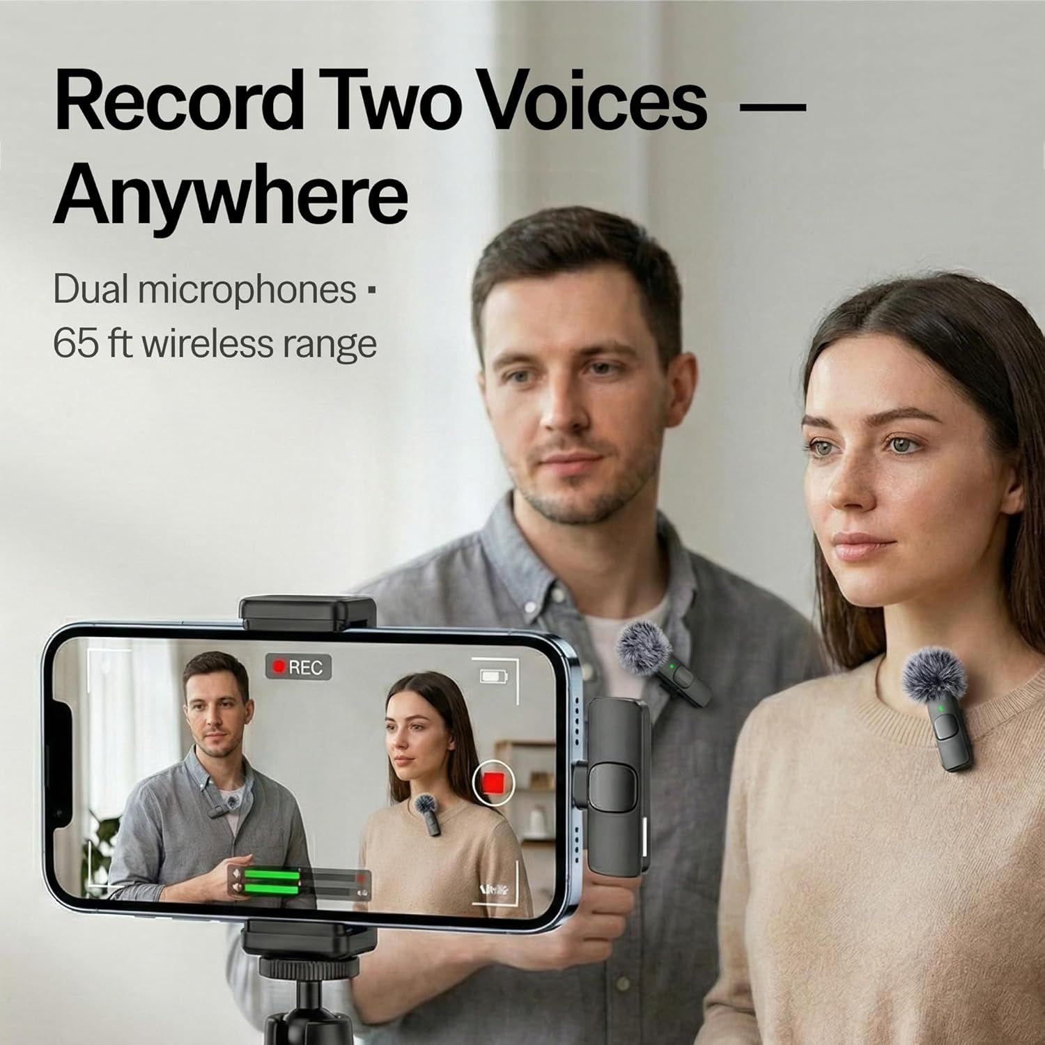 Demonstrates the product's ability to record two people simultaneously using dual wireless microphones, showing the practical application for interviews, podcasts, or content creation. Highlights…