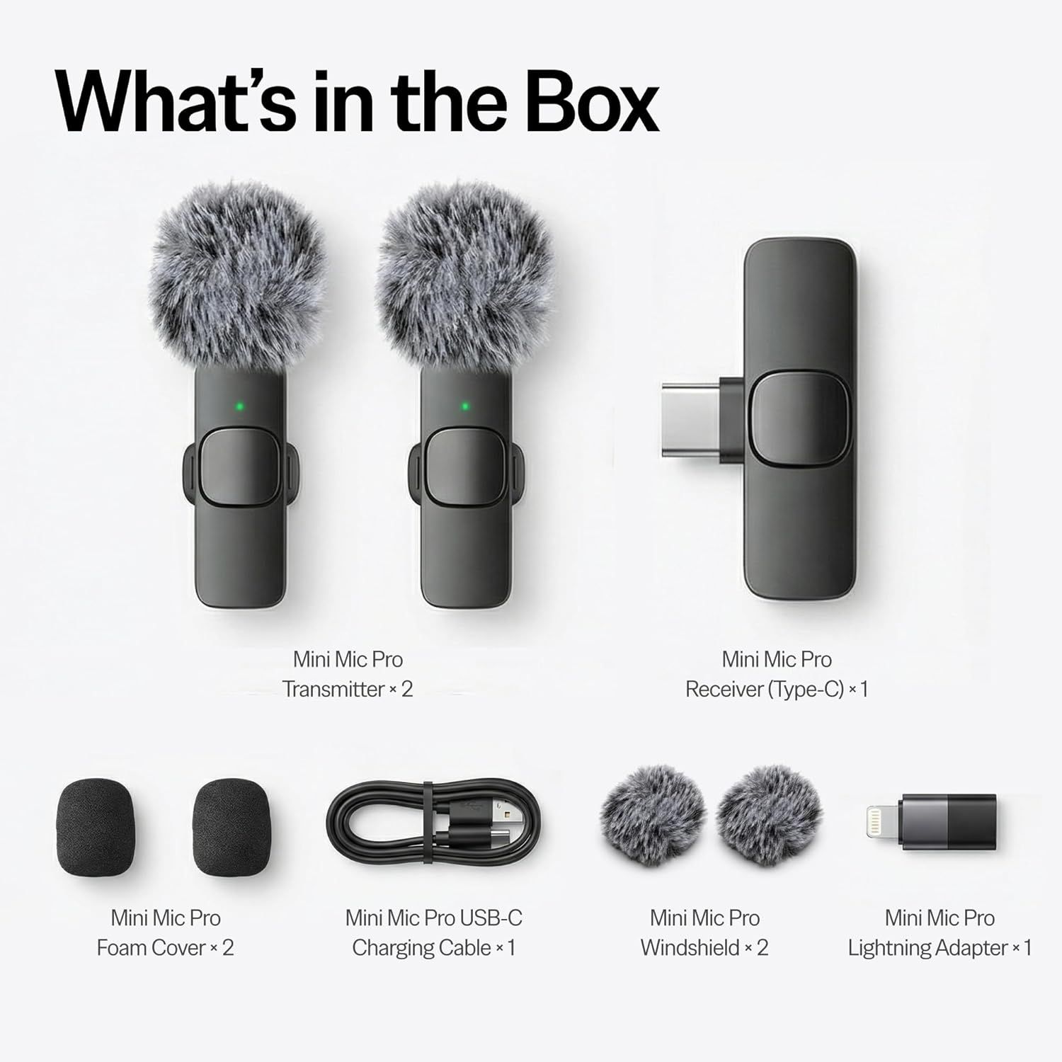 Shows all items included in the package to help shoppers understand the full value of what they're purchasing, including transmitters, receiver, accessories, and adapters.
