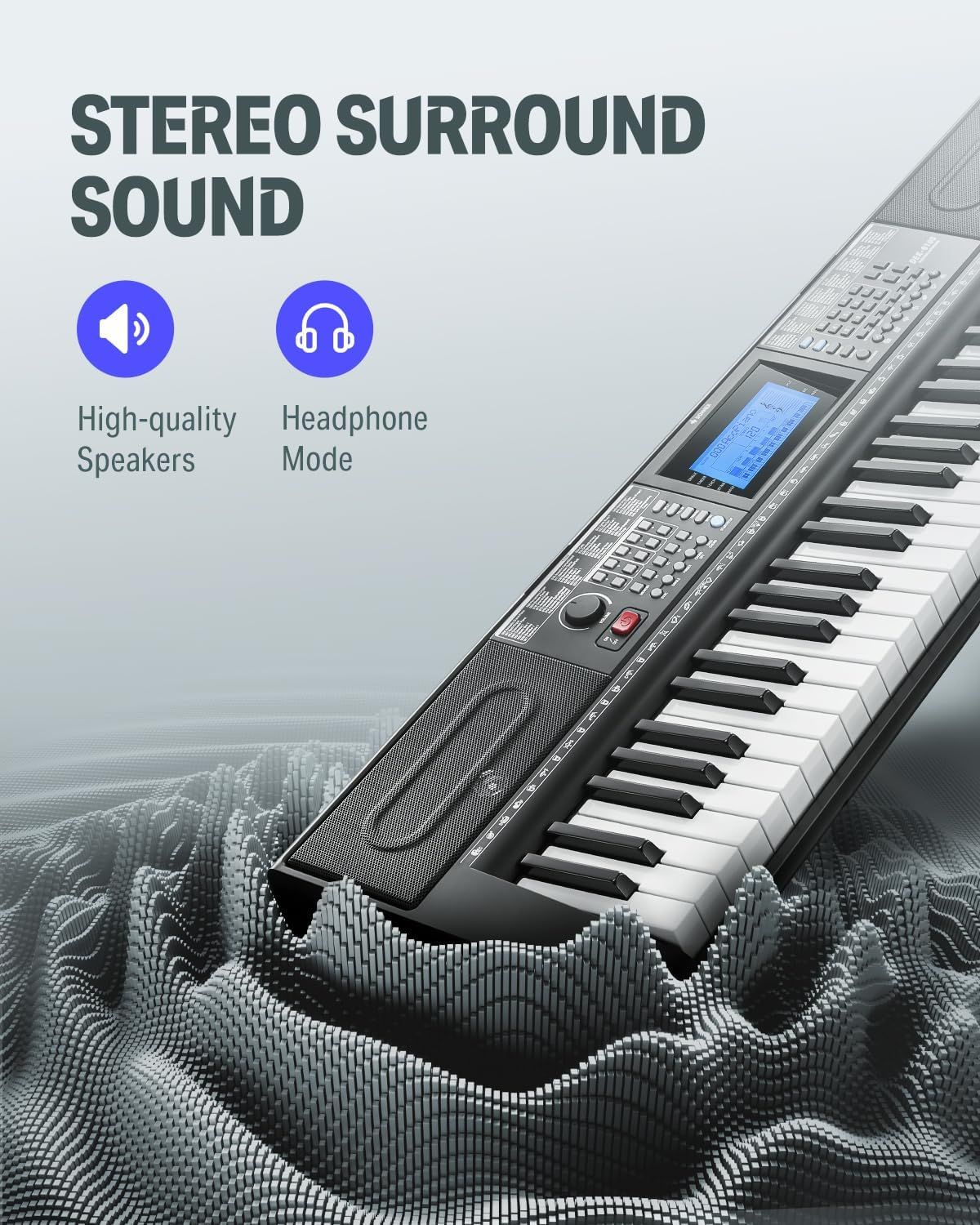Highlights the keyboard's audio capabilities, emphasizing stereo surround sound quality through both built-in speakers and headphone mode to appeal to musicians seeking superior sound output.