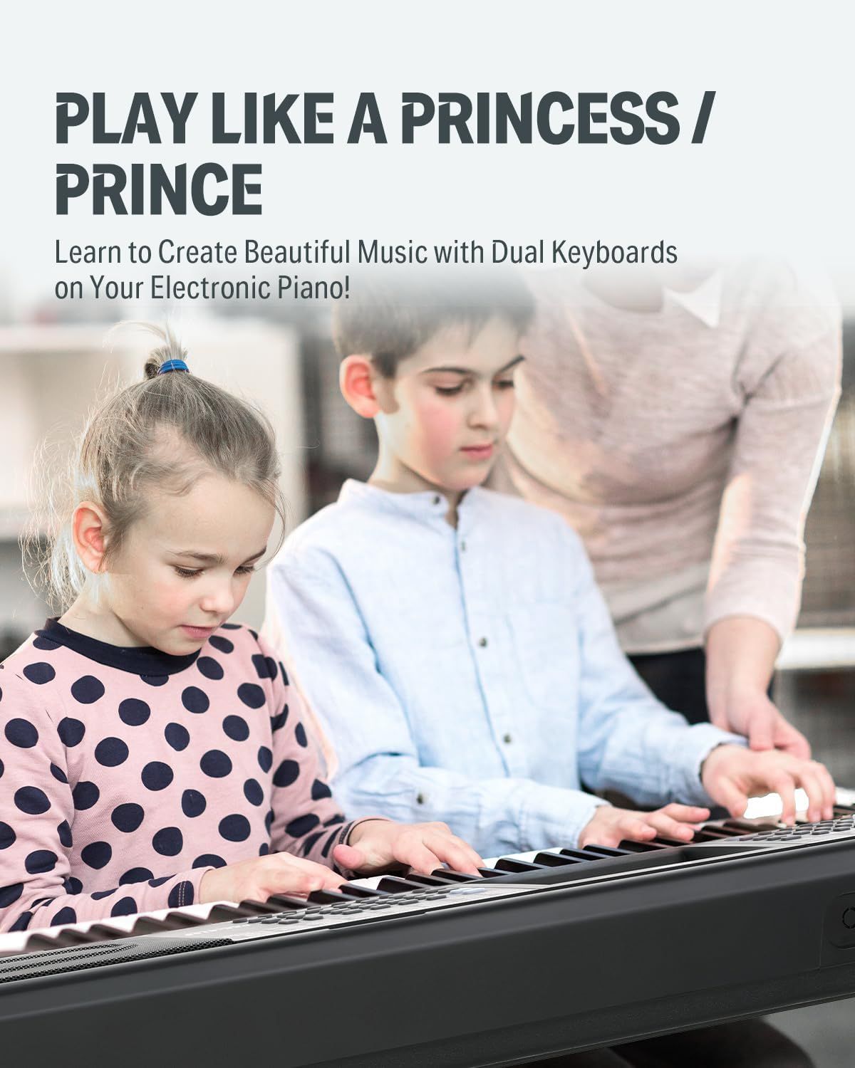 Highlights the dual keyboard feature of the electronic piano, emphasizing its ability to enable collaborative learning and music creation for multiple users simultaneously.