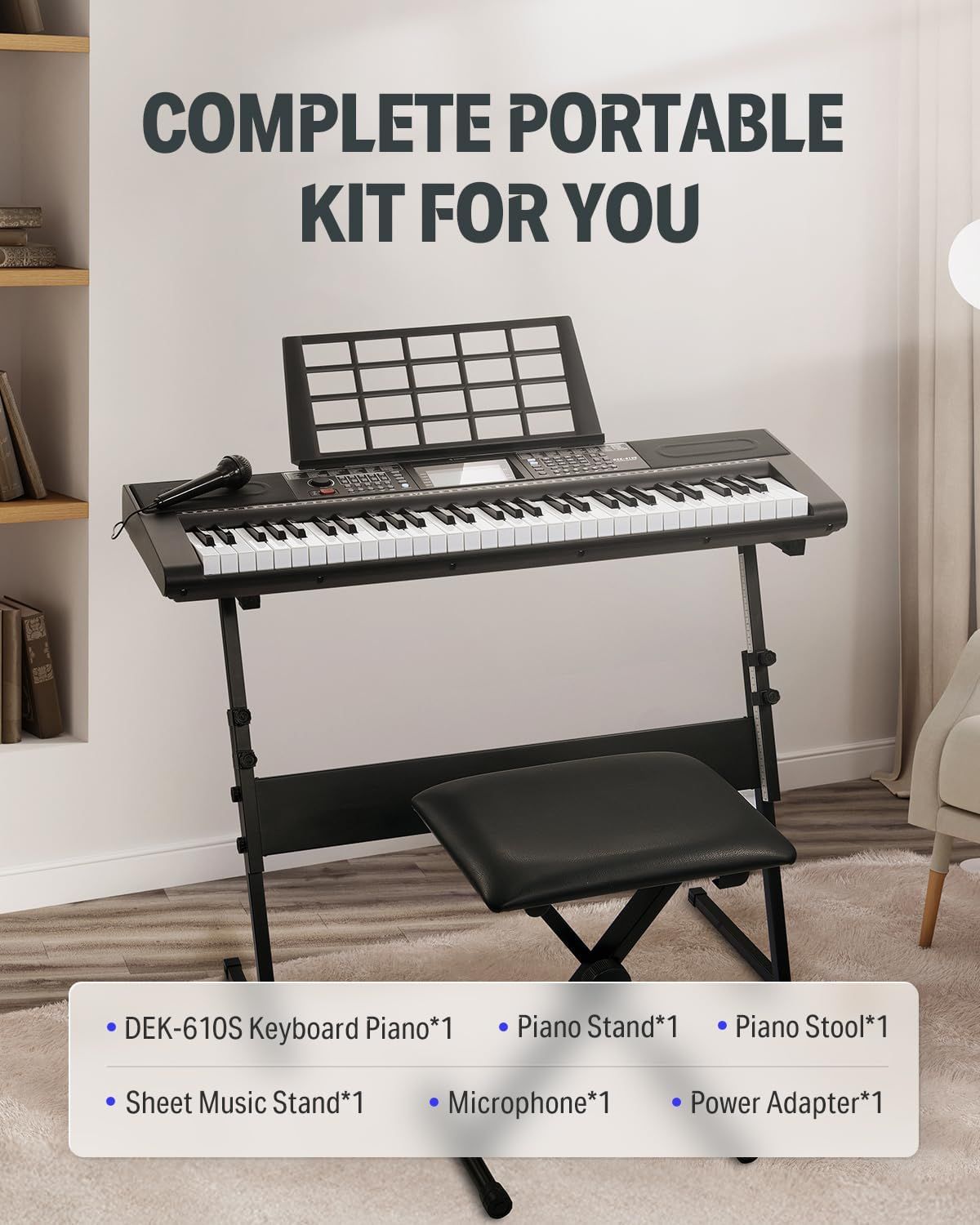 Shows everything included in the purchase—keyboard piano, stand, stool, sheet music stand, microphone, and power adapter—to communicate the complete value and convenience of the bundle.