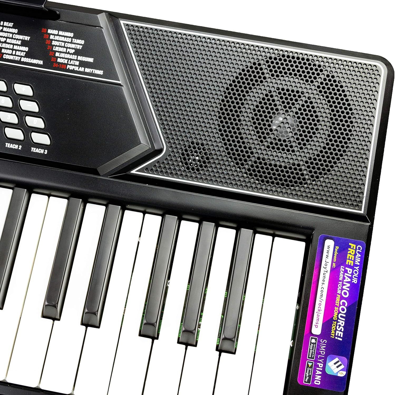 Shows the physical components and layout of the keyboard, highlighting the speaker, control buttons, teaching modes, and keys to help shoppers understand the product's structure and features.