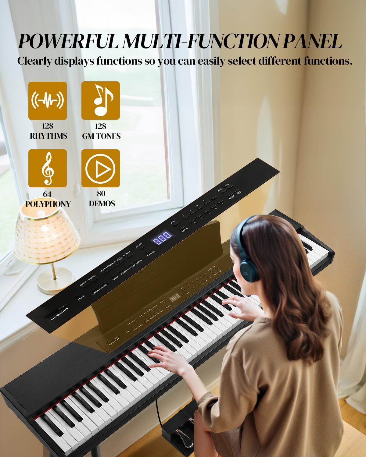 Highlights the keyboard's powerful multi-function panel with multiple musical capabilities (rhythms, tones, polyphony, demos) to demonstrate versatility and appeal to musicians seeking a…