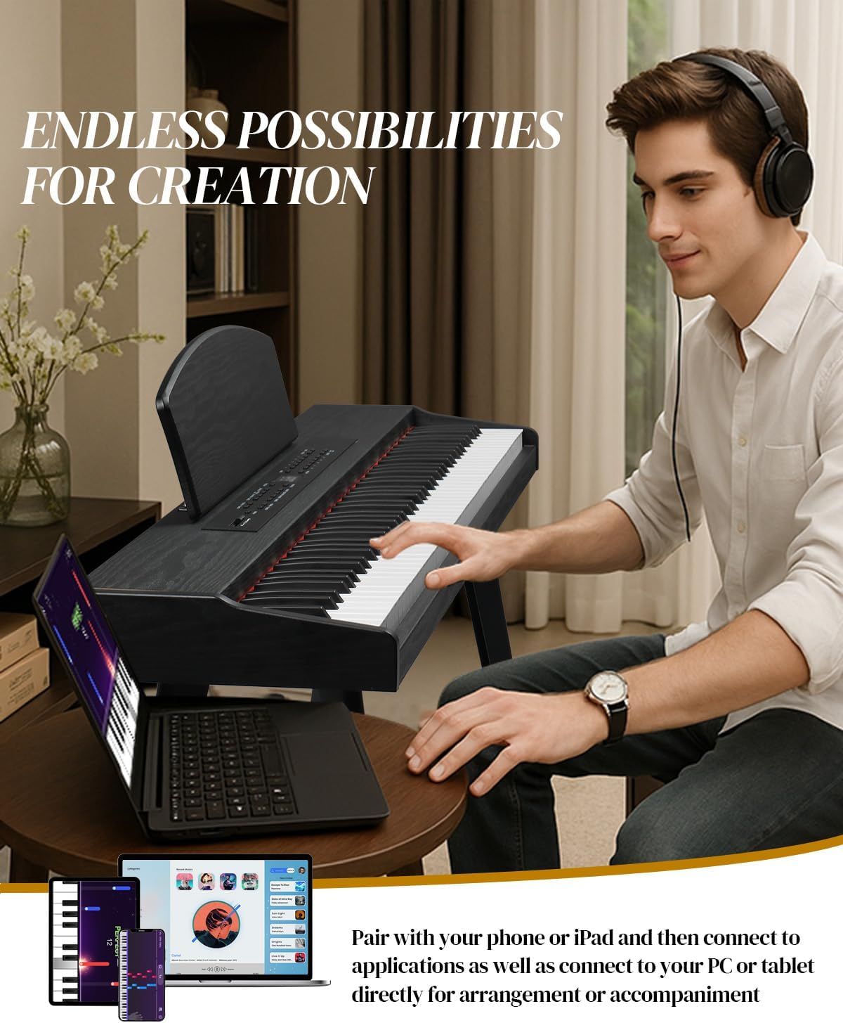 Demonstrates the keyboard's versatility by showing it can connect to phones, iPads, PCs, and tablets for music creation, arrangement, and accompaniment across multiple platforms. Shows the product…