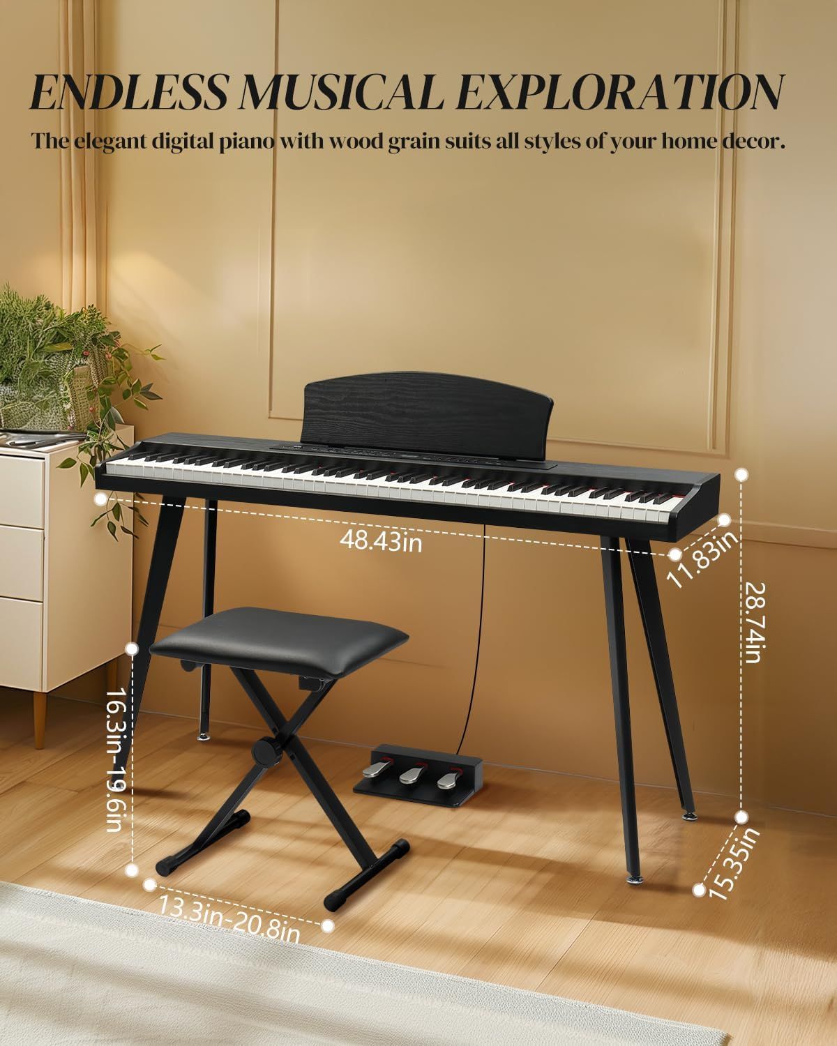 Provides exact measurements of the digital piano and bench to help shoppers understand the physical footprint and ensure it fits their space. Shows the digital piano styled in an elegant home…