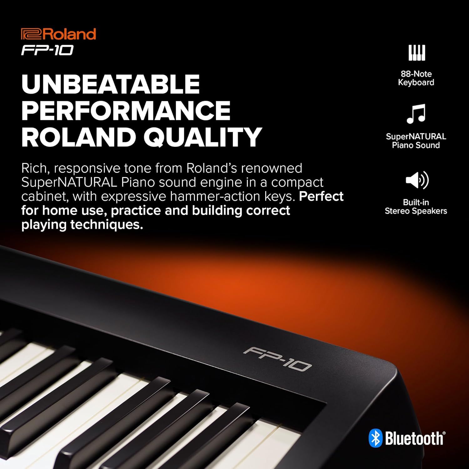 Communicates multiple key features and benefits of the Roland FP-10 digital piano, including its keyboard size, sound quality, speakers, and connectivity, to demonstrate its value for home practice…