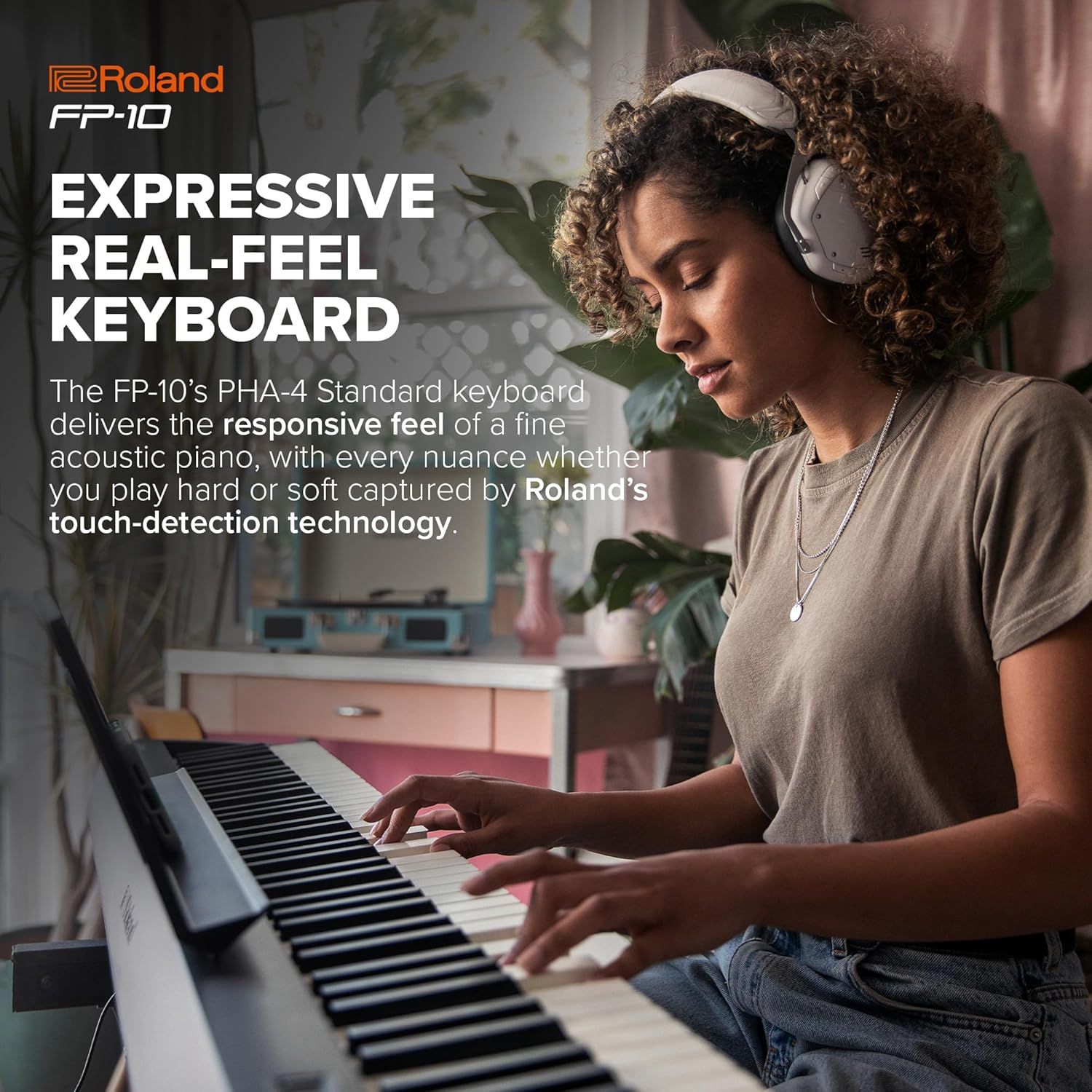 Communicates the keyboard's expressive, responsive feel that mimics a fine acoustic piano, reassuring shoppers that the FP-10 delivers authentic playing dynamics and nuance.