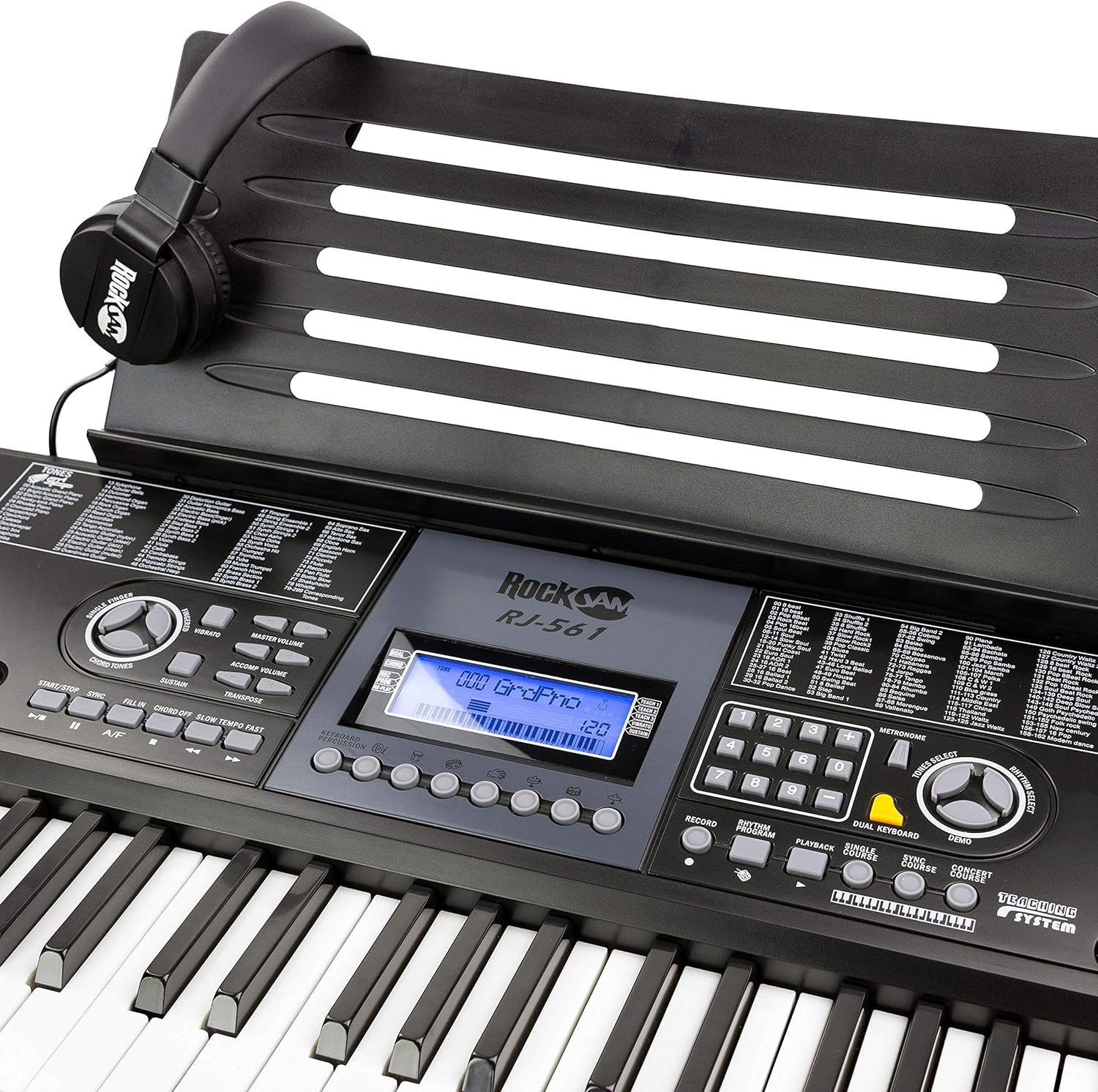 Provides a clean, catalog-style view of the keyboard product to show its physical appearance, controls, and design without distractions.