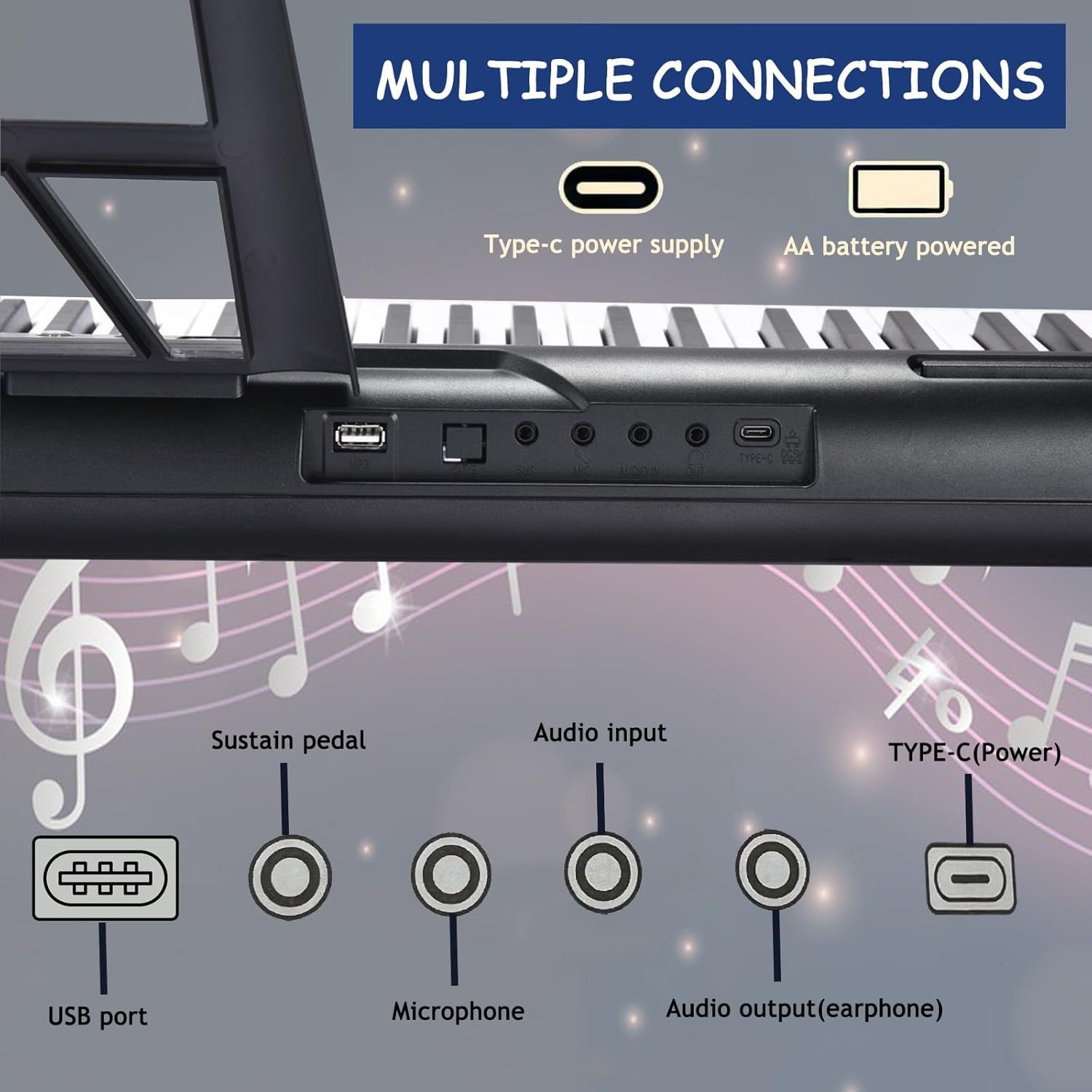 This image breaks down the keyboard's physical connection ports and power options, helping shoppers understand all the ways they can connect and power the instrument.