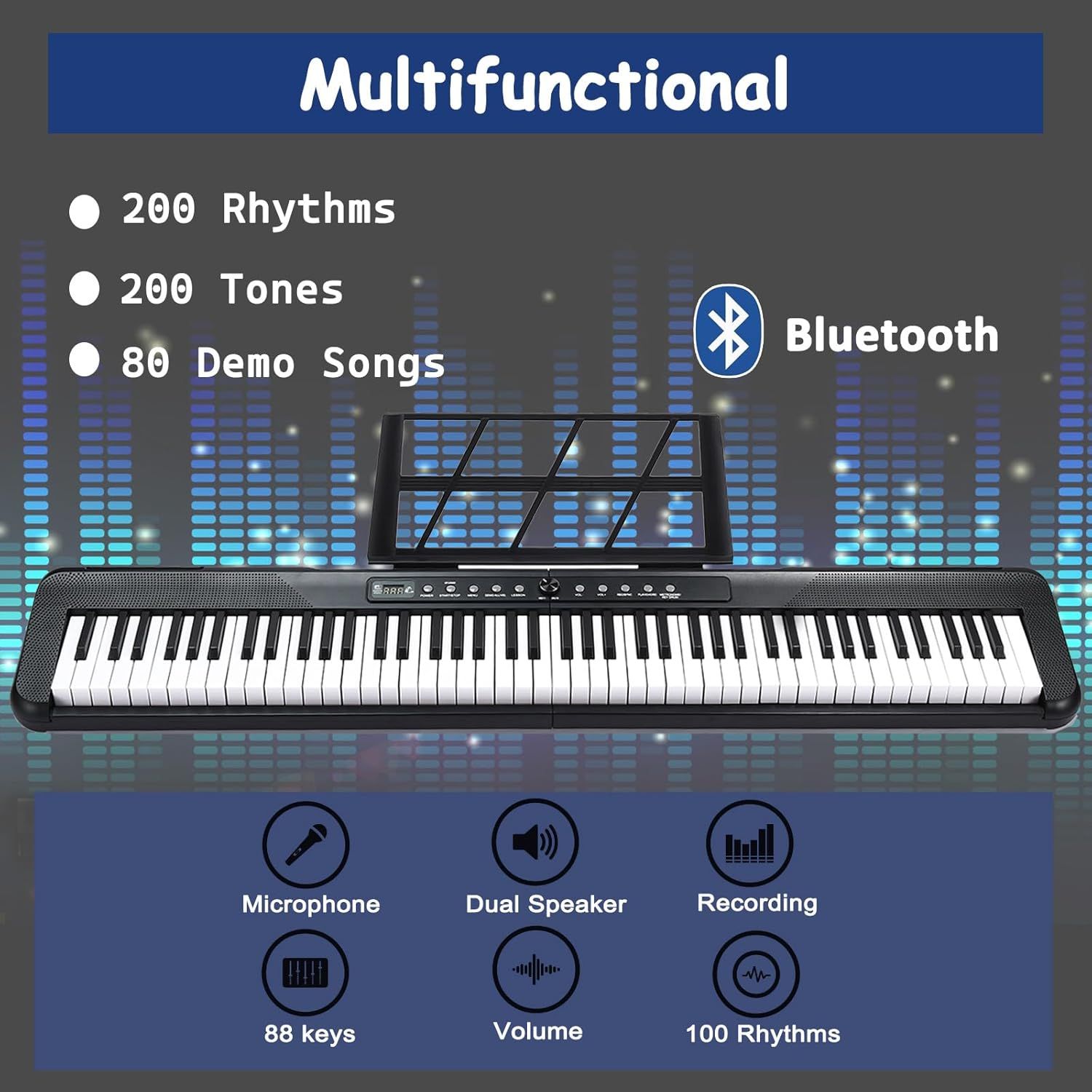 Communicates the keyboard's versatility and comprehensive feature set by showcasing multiple distinct capabilities in a segmented layout to help shoppers understand the product's multifunctional…
