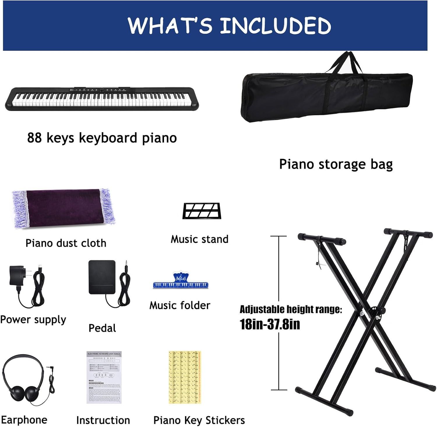 Shows all items included with the keyboard purchase to communicate value and completeness of the package, including the piano, storage bag, stand, accessories, and learning tools.