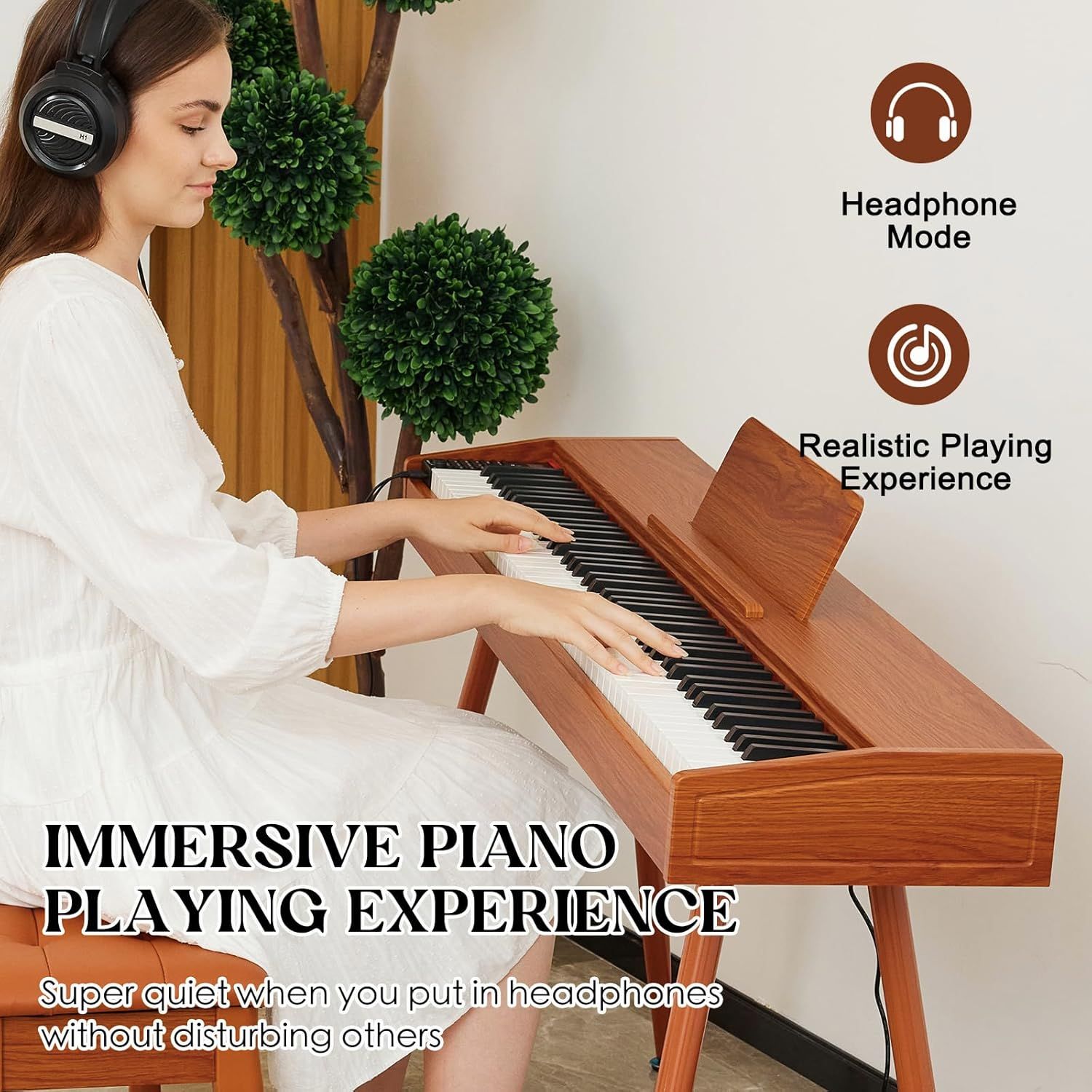 Communicates multiple benefits of the digital piano: headphone compatibility for private practice, realistic sound quality, and the ability to play quietly without disturbing others.