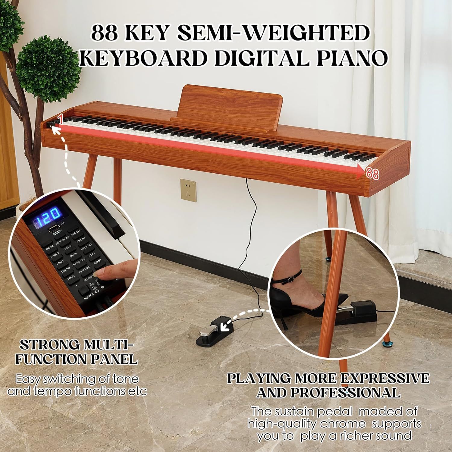 Showcases multiple distinct features of the digital piano including the 88-key semi-weighted keyboard, the multi-function control panel for tone/tempo adjustments, and the professional sustain pedal…