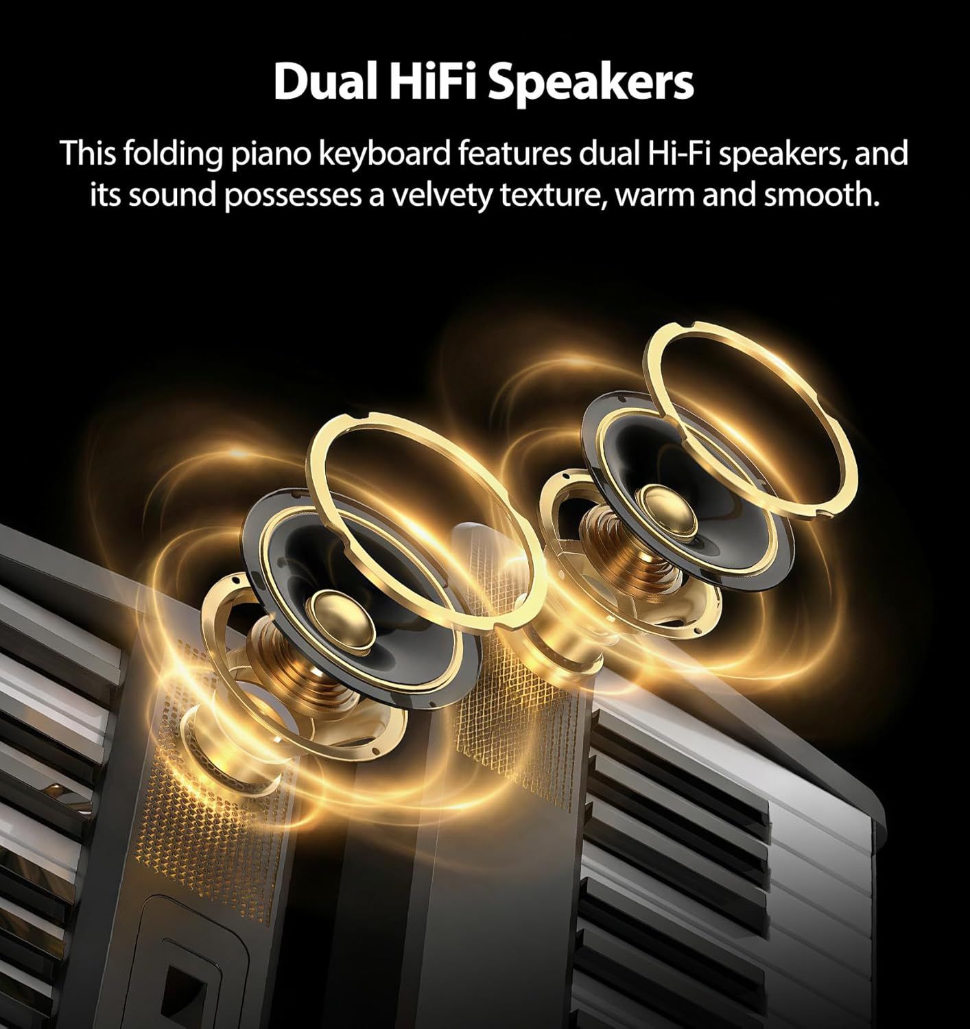 This image breaks down the internal speaker anatomy of the folding piano keyboard to showcase the dual HiFi speaker system and its layered components, emphasizing the premium audio quality and…