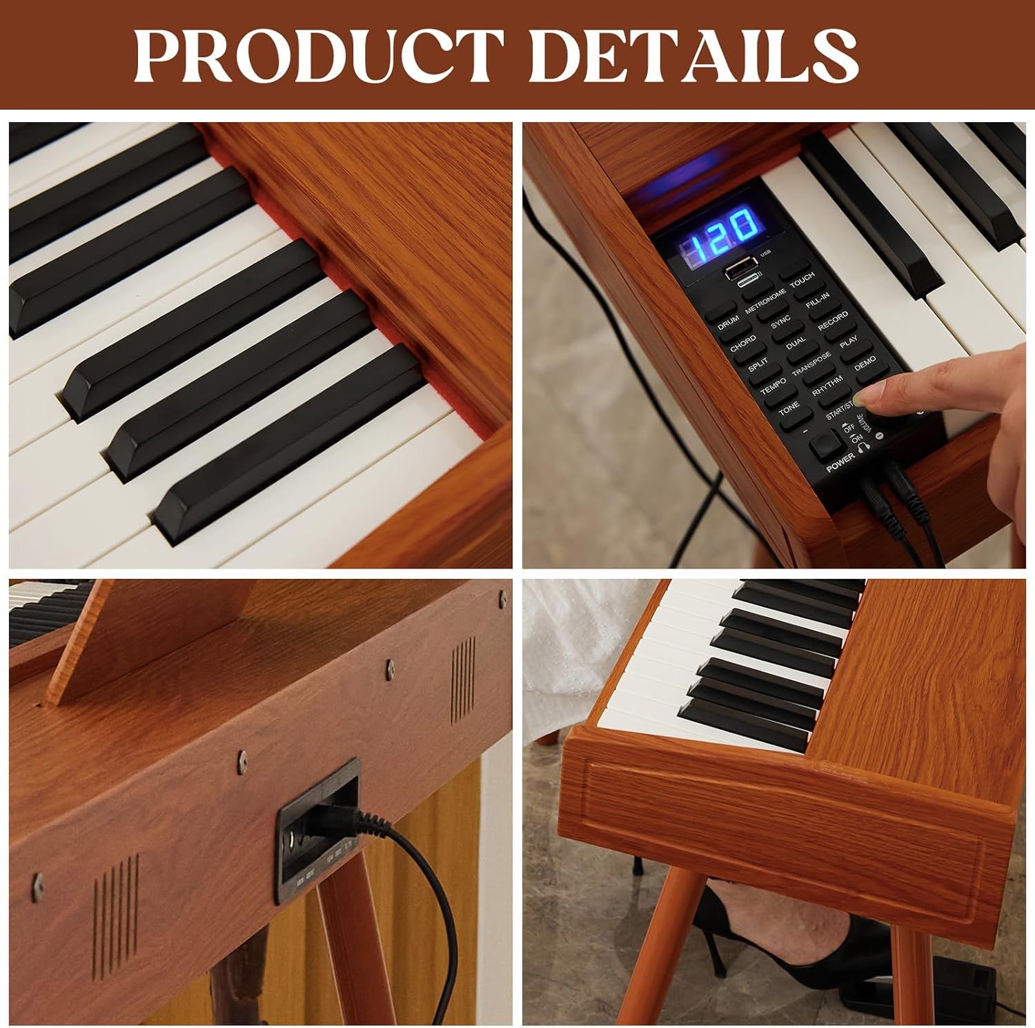 This image breaks down the physical components and structural details of the digital piano, showing shoppers the quality of construction, key layout, control interface, and connectivity options.