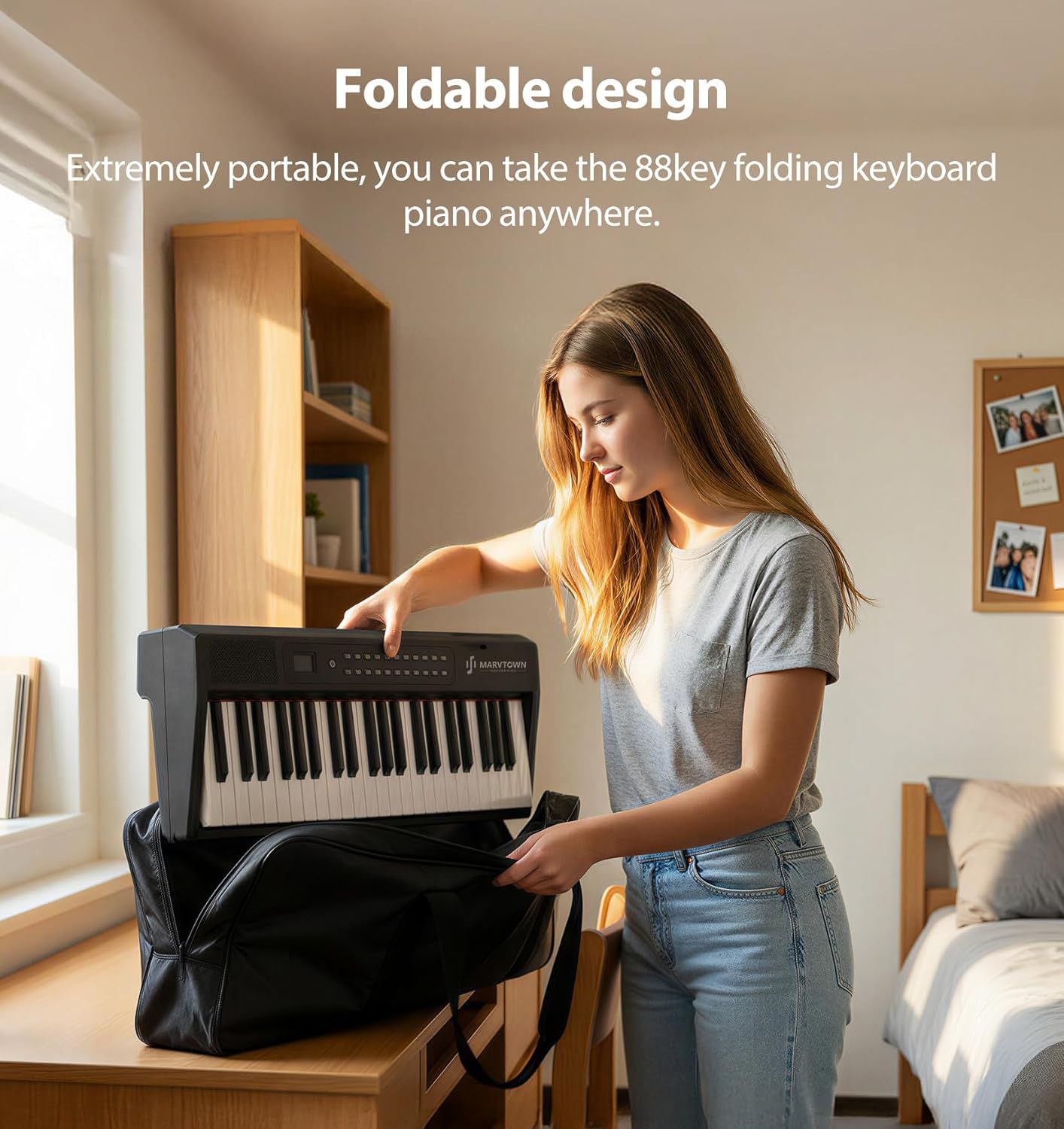 Demonstrates the keyboard piano's foldable and portable design, reassuring shoppers that it can be easily transported and stored anywhere.
