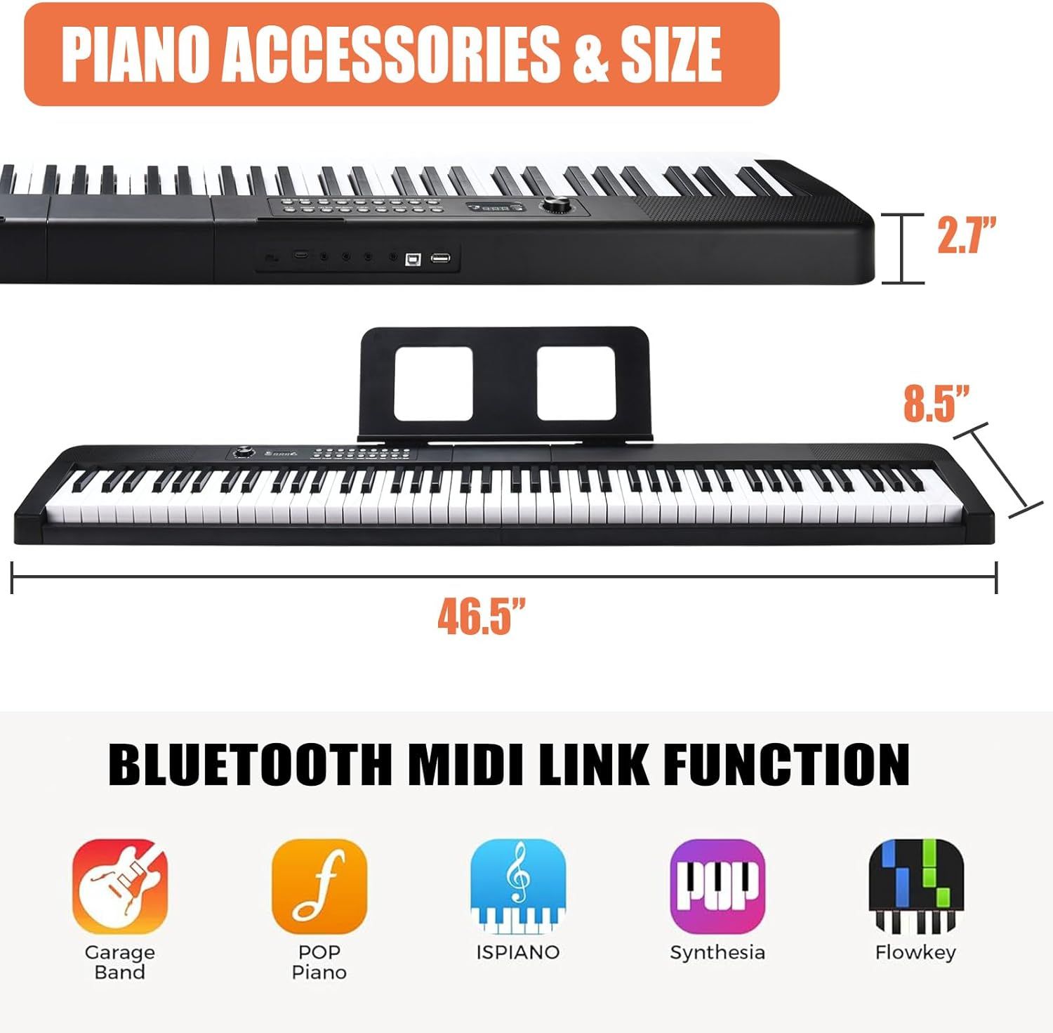 Communicates the exact physical dimensions of the piano keyboard (46.5" length, 8.5" height, 2.7" depth) to help shoppers understand the product's size and space requirements. Shows the product's…