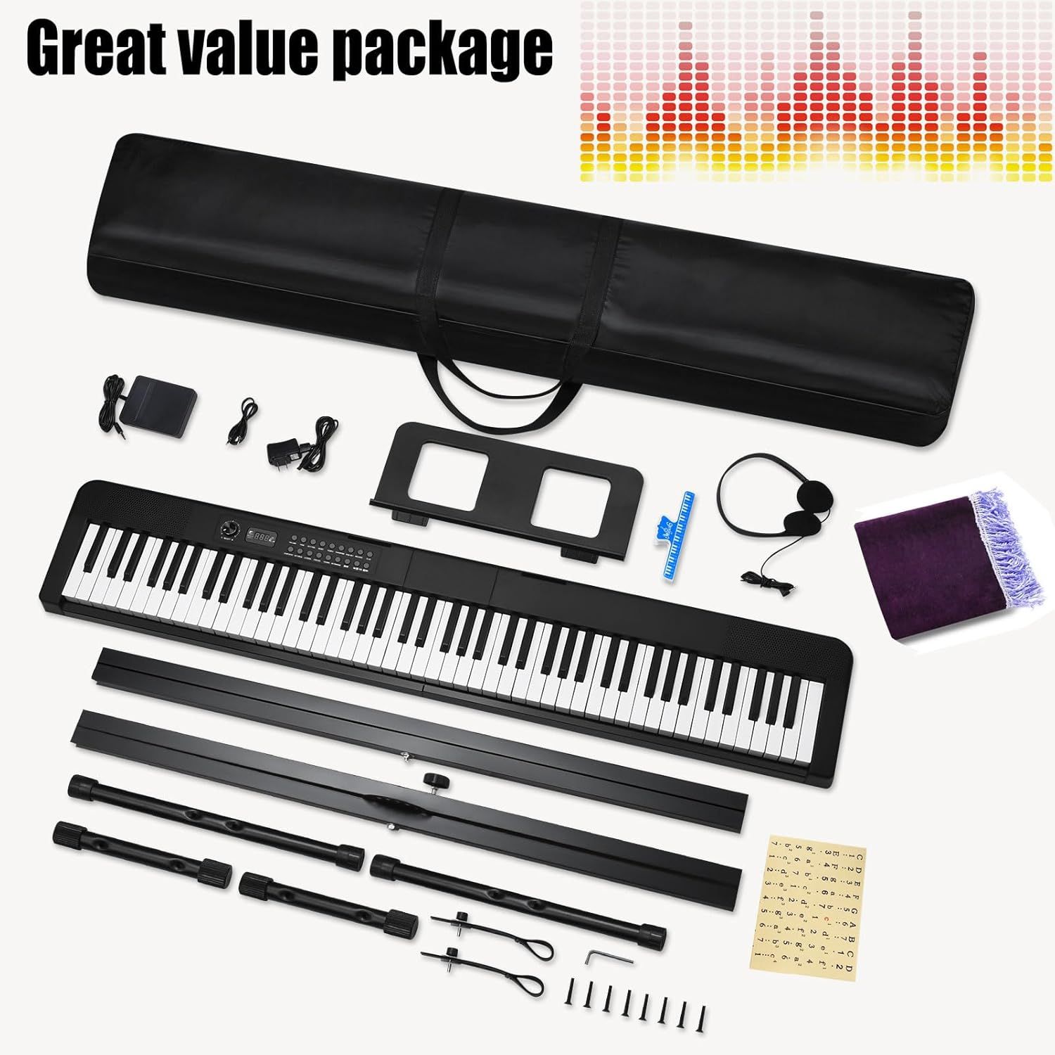 Shows all the items included with the keyboard purchase to demonstrate the comprehensive value and completeness of the package, including the keyboard, carrying case, stand, headphones, cables,…