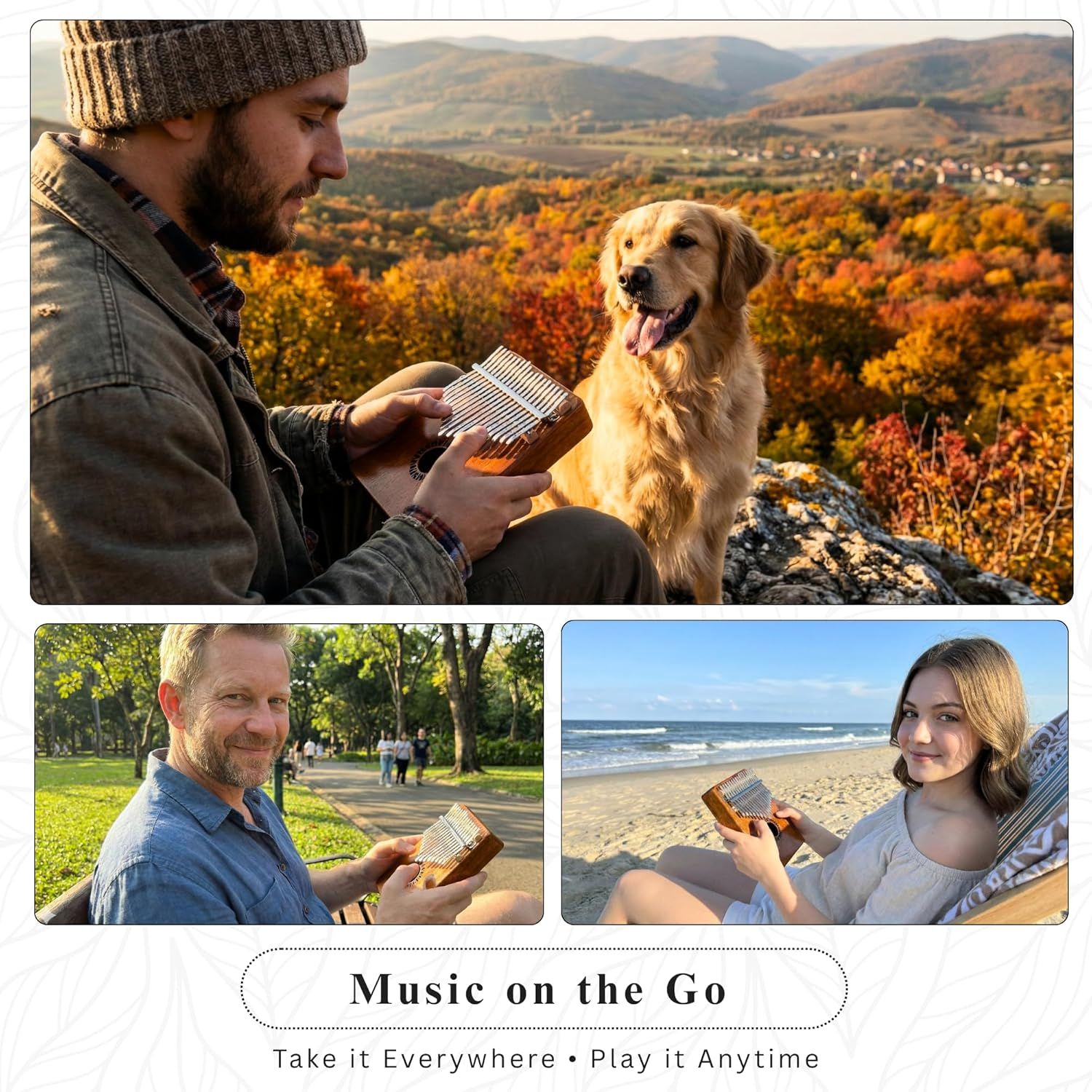 Demonstrates the product's versatility by showing it can be used in multiple real-world environments—outdoors with nature, in parks, and at the beach—reinforcing its portability and go-anywhere…