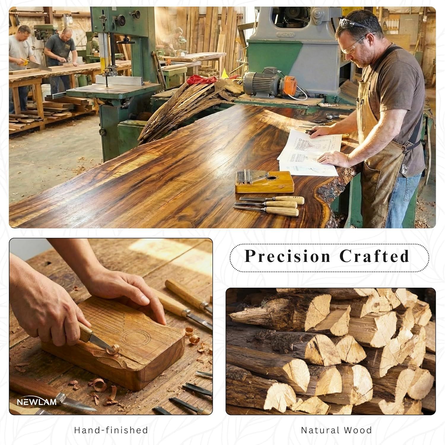 Communicates the artisanal quality and craftsmanship of the product by showcasing the workshop environment, hand-finishing process, and natural wood materials used in production.