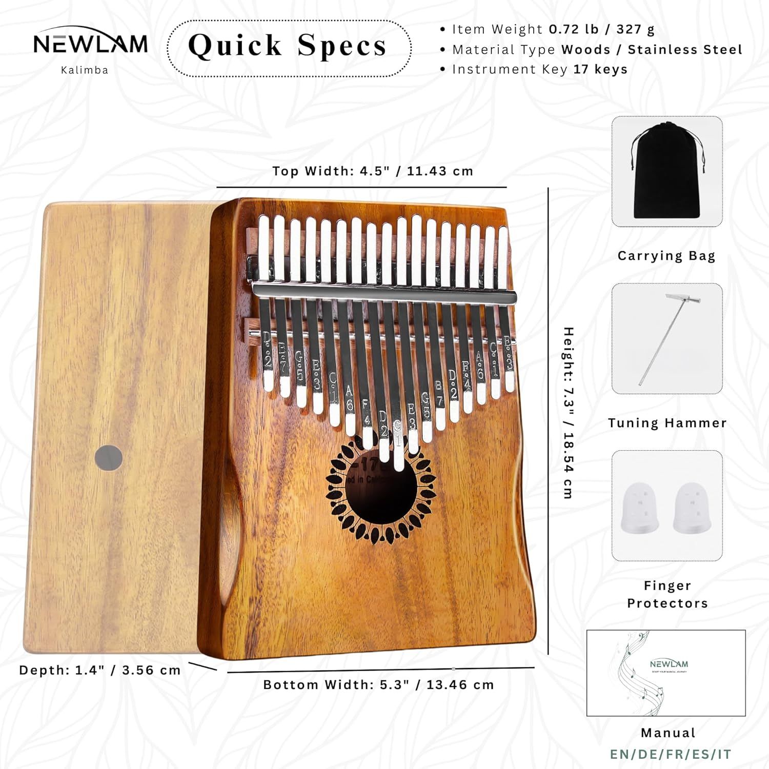 Provides detailed physical measurements (width, height, depth, weight) with visual dimension arrows to help shoppers understand the exact size of the kalimba instrument. Shows all items included…