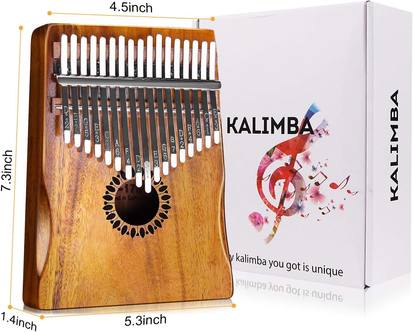 Communicates the exact physical dimensions of the kalimba (7.3 x 5.3 x 1.4 inches, 4.5 inch width) to help shoppers understand the product's size and portability.