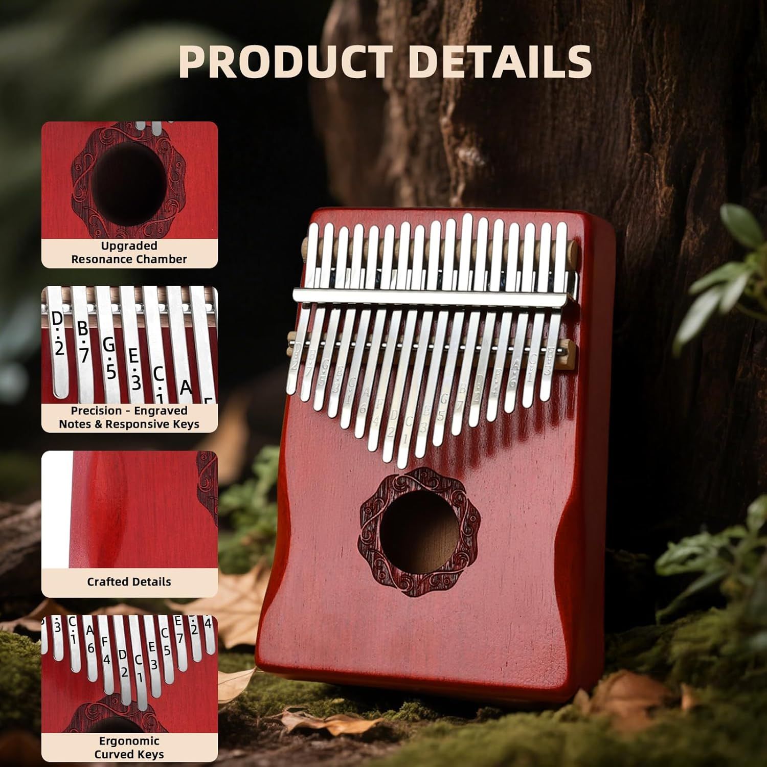 This image breaks down the physical components and construction details of the kalimba instrument, highlighting the upgraded resonance chamber, precision-engraved keys, crafted details, and…