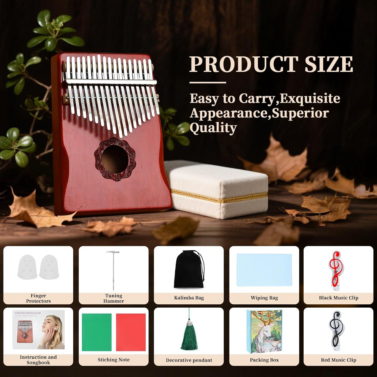 Shows all items included with the kalimba purchase to reassure shoppers they're getting a complete package with protective accessories, tuning tools, and instructional materials.